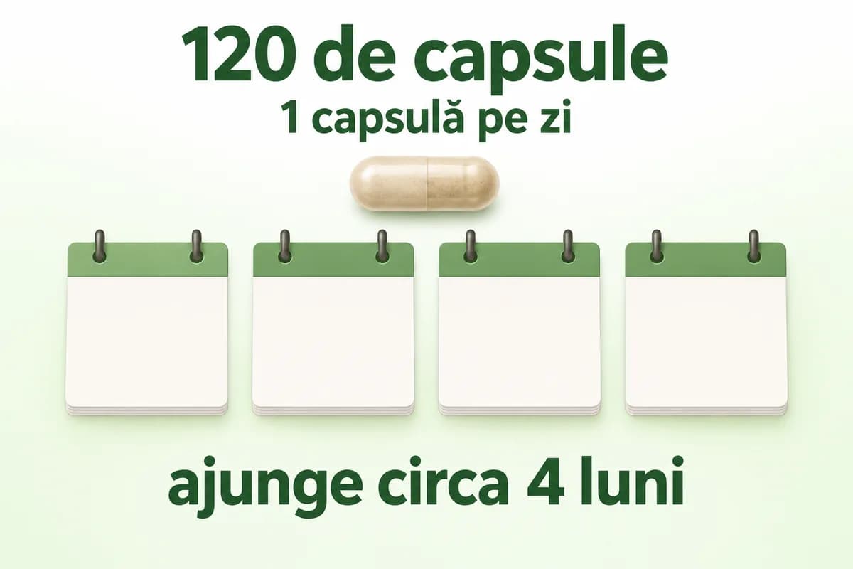 Patru foi de calendar goale și o capsulă bej, cu textul „120 de capsule, 1 capsulă pe zi, ajunge circa 4 luni”.