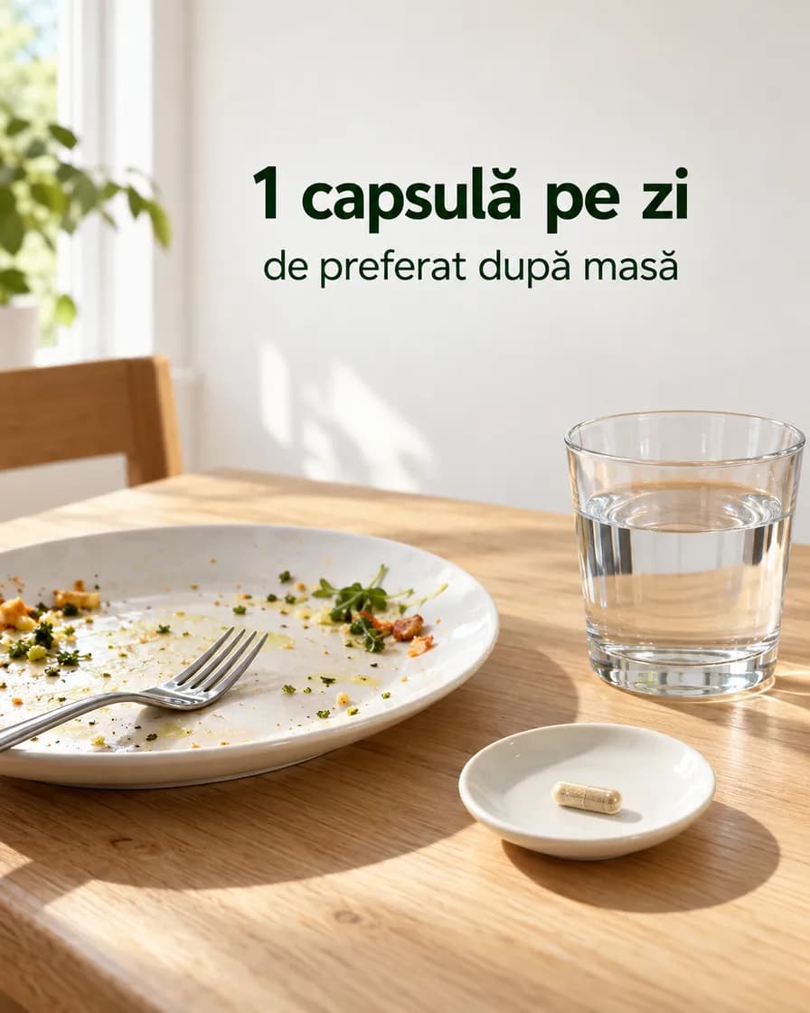 Masă de bucătărie după prânz: o farfurie goală cu furculița pe ea, un pahar cu apă și o farfurioară cu o singură capsulă bej. Deasupra scrie „1 capsulă pe zi, de preferat după masă”.