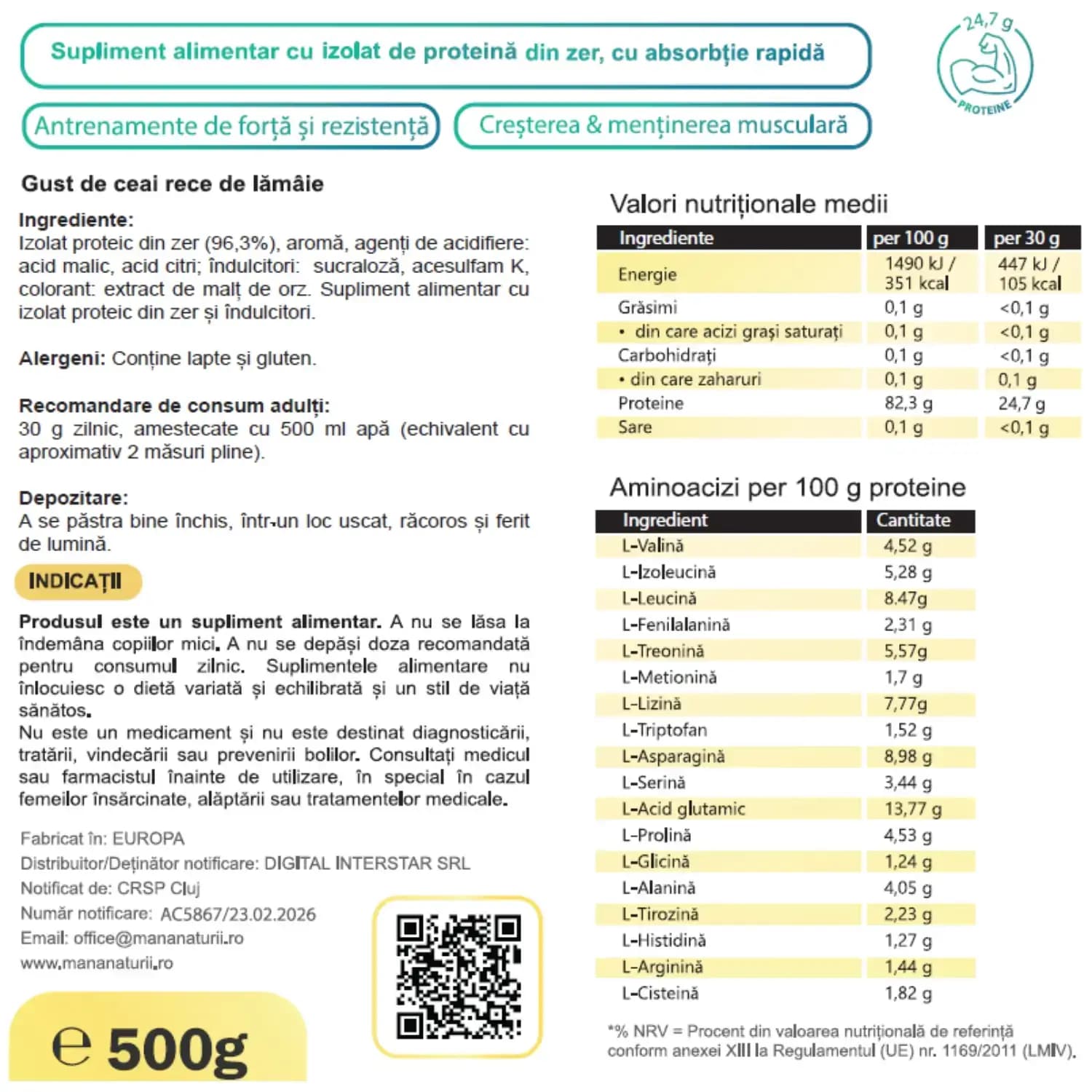 IceTea Whey Lemon 500g hidrolizat de proteină din zer cu lămâie Mâna Naturii