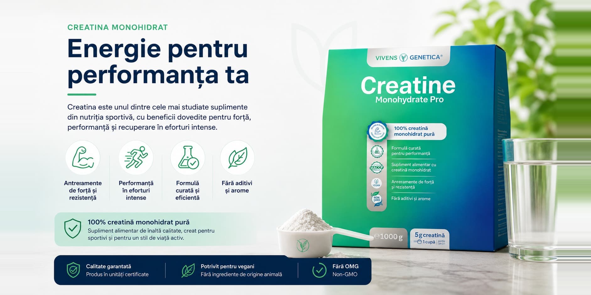 Infografic cu cutia de Creatine Monohydrate Pro de 1000 g, o cupă dozatoare cu pudră albă și un pahar cu apă, pe un blat deschis la culoare