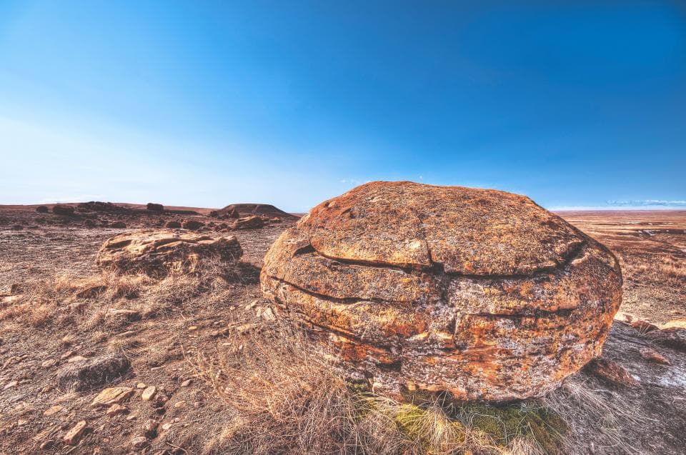 Bolovan mare, rotunjit, într-un câmp de iarbă uscată, sub cer senin