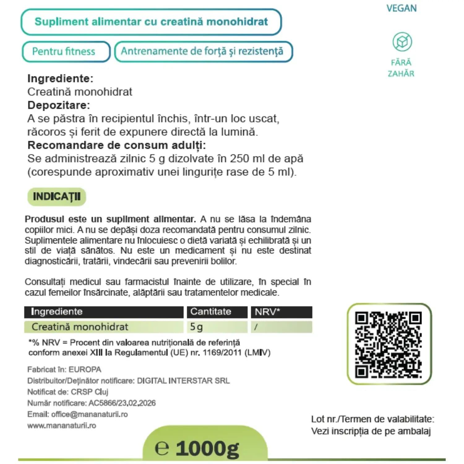 Creatine Monohidrate Pro 1000g creatină pură micronizată Mâna Naturii