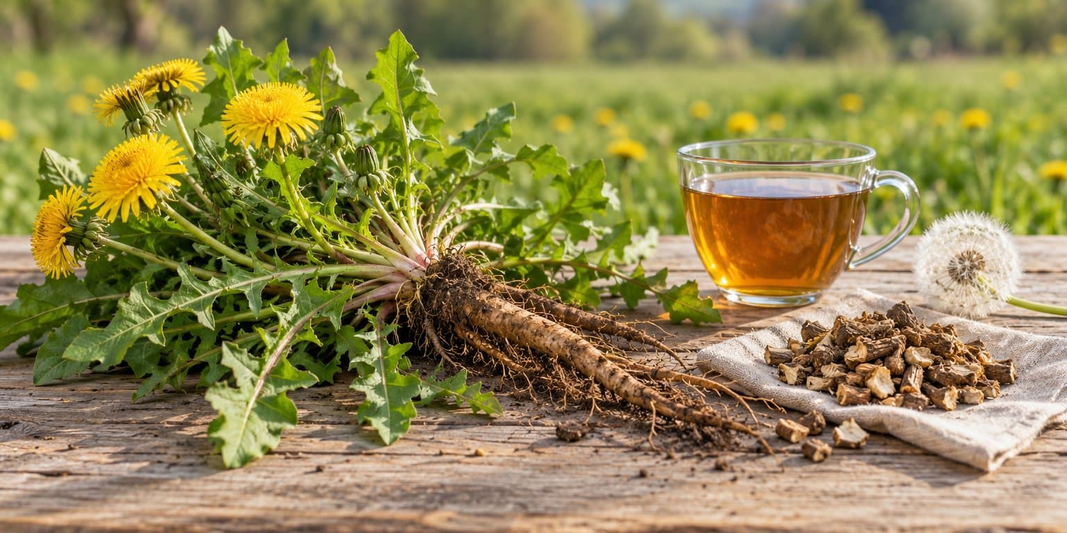 Plante întregi de păpădie cu flori galbene, frunze crestate și rădăcini lungi, lângă o cană de ceai chihlimbariu, bucăți de rădăcină uscată pe un șervet și un puf alb de semințe, pe o masă de lemn în fața unei pajiști