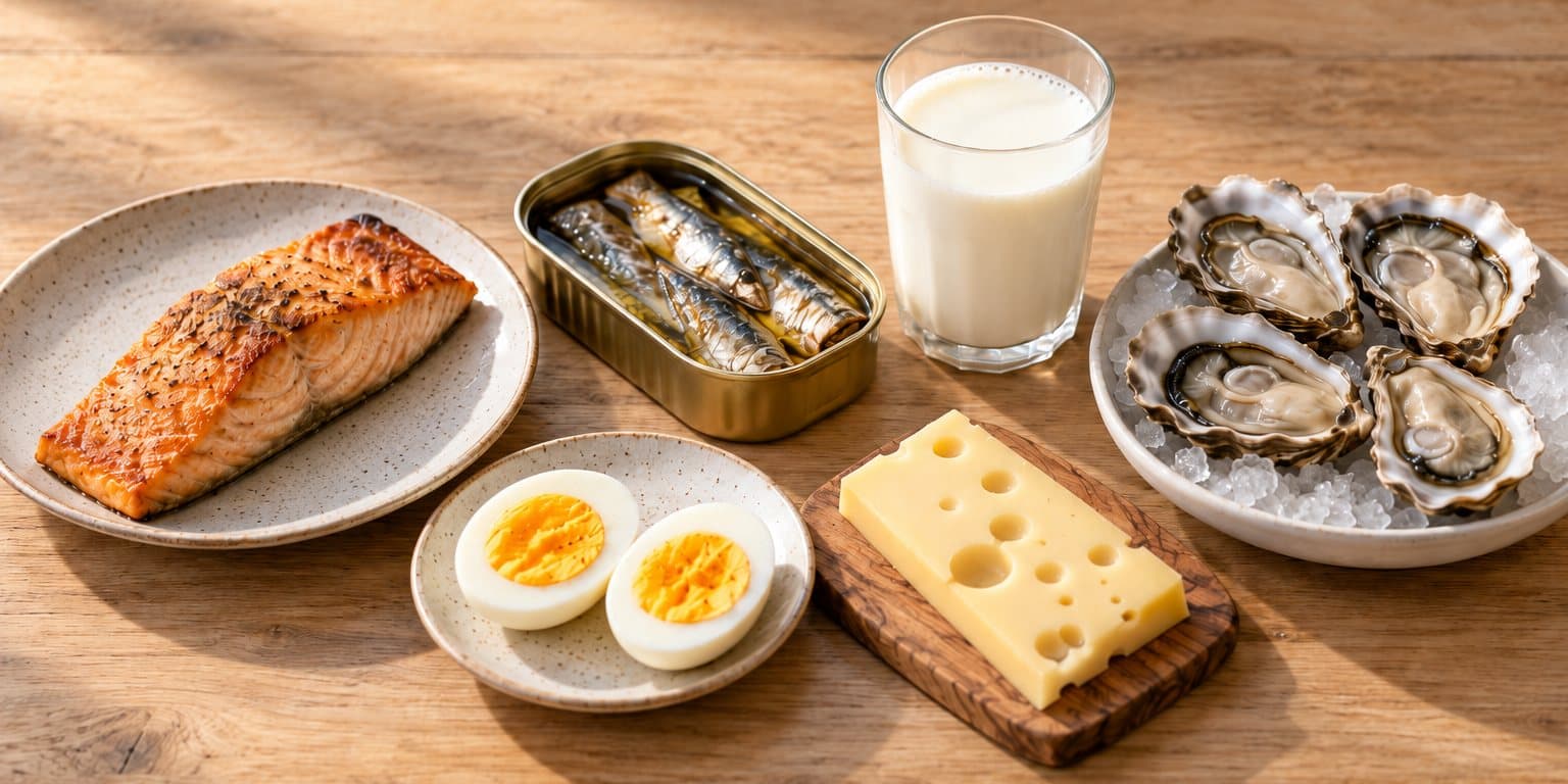 Alimente cu vitamina B12 pe o masă de lemn: un file de somon gătit, o conservă deschisă cu sardine, două ouă fierte tăiate în jumătate, o felie de șvaițer, un pahar cu lapte și patru stridii pe gheață