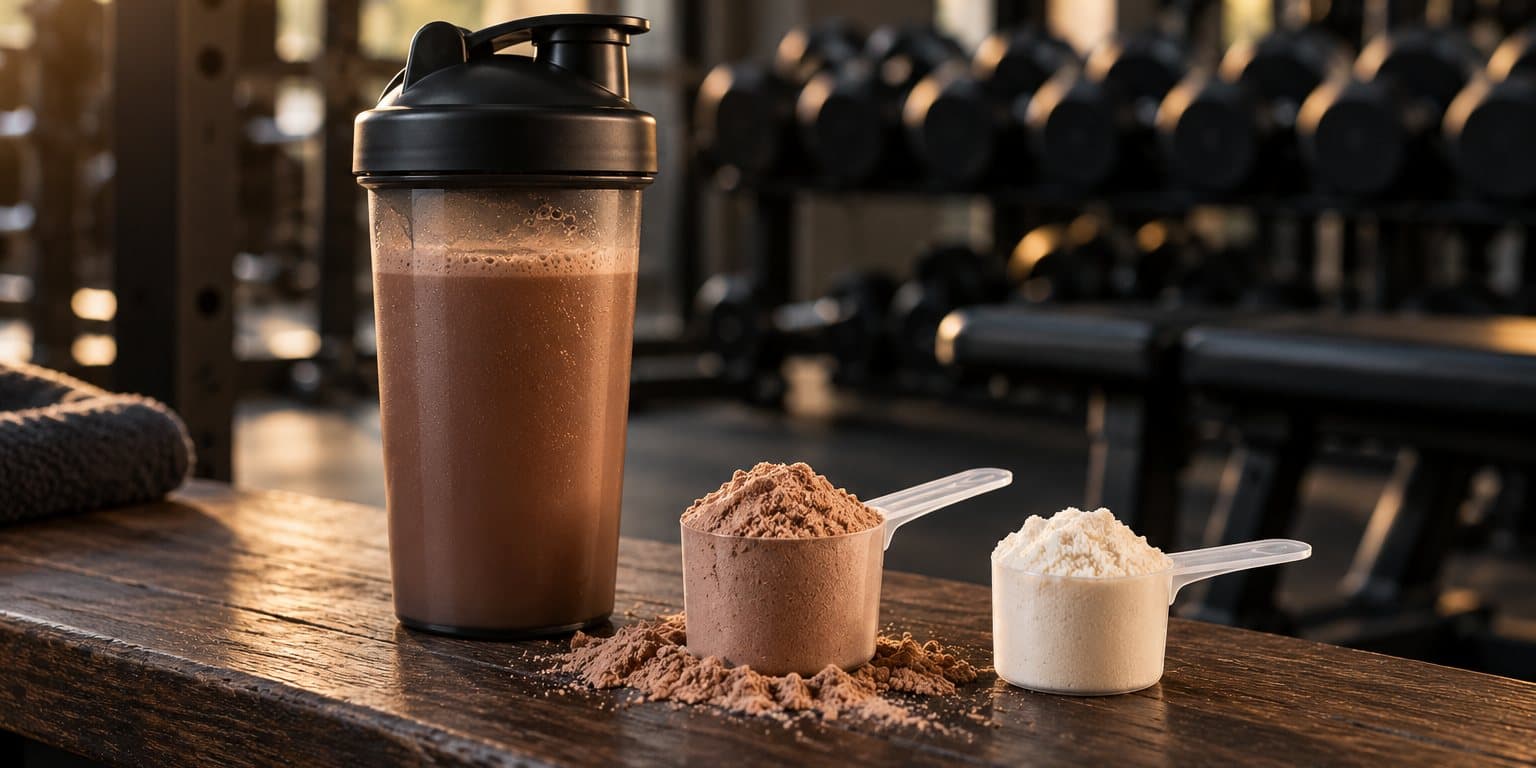 Shaker negru cu shake proteic de ciocolată, lângă o lingură dozatoare plină cu pudră maro și una cu pudră albă, pe o bancă de lemn într-o sală de sport