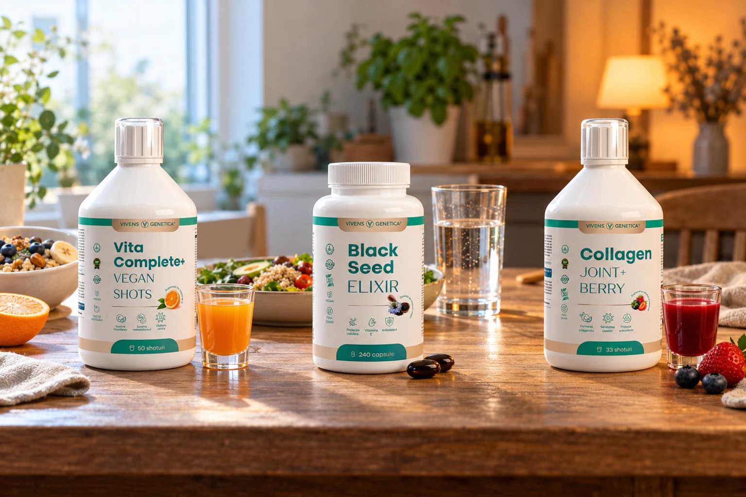 O masă lungă de bucătărie, de la stânga la dreapta ca o zi: dimineața sticla Vita Complete+ și un pahar mic cu shot portocaliu, la prânz borcanul Black Seed Elixir și două capsule lângă farfurie, seara flaconul Collagen Joint+ Berry și un pahar mic cu shot roșu