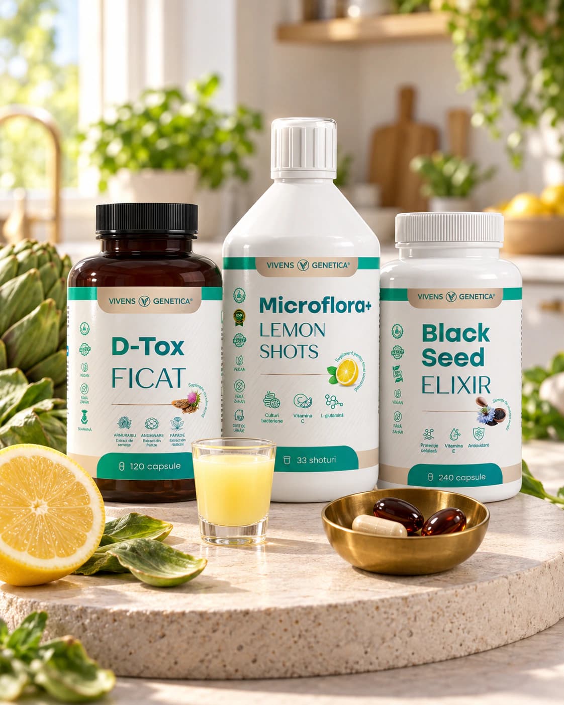 Borcanul D-Tox Ficat, sticla Microflora+ Lemon Shots și borcanul Black Seed Elixir pe un postament de piatră, într-o bucătărie luminoasă, cu un păhărel cu shot galben, capsule într-un bol de alamă, o jumătate de lămâie și frunze de anghinare