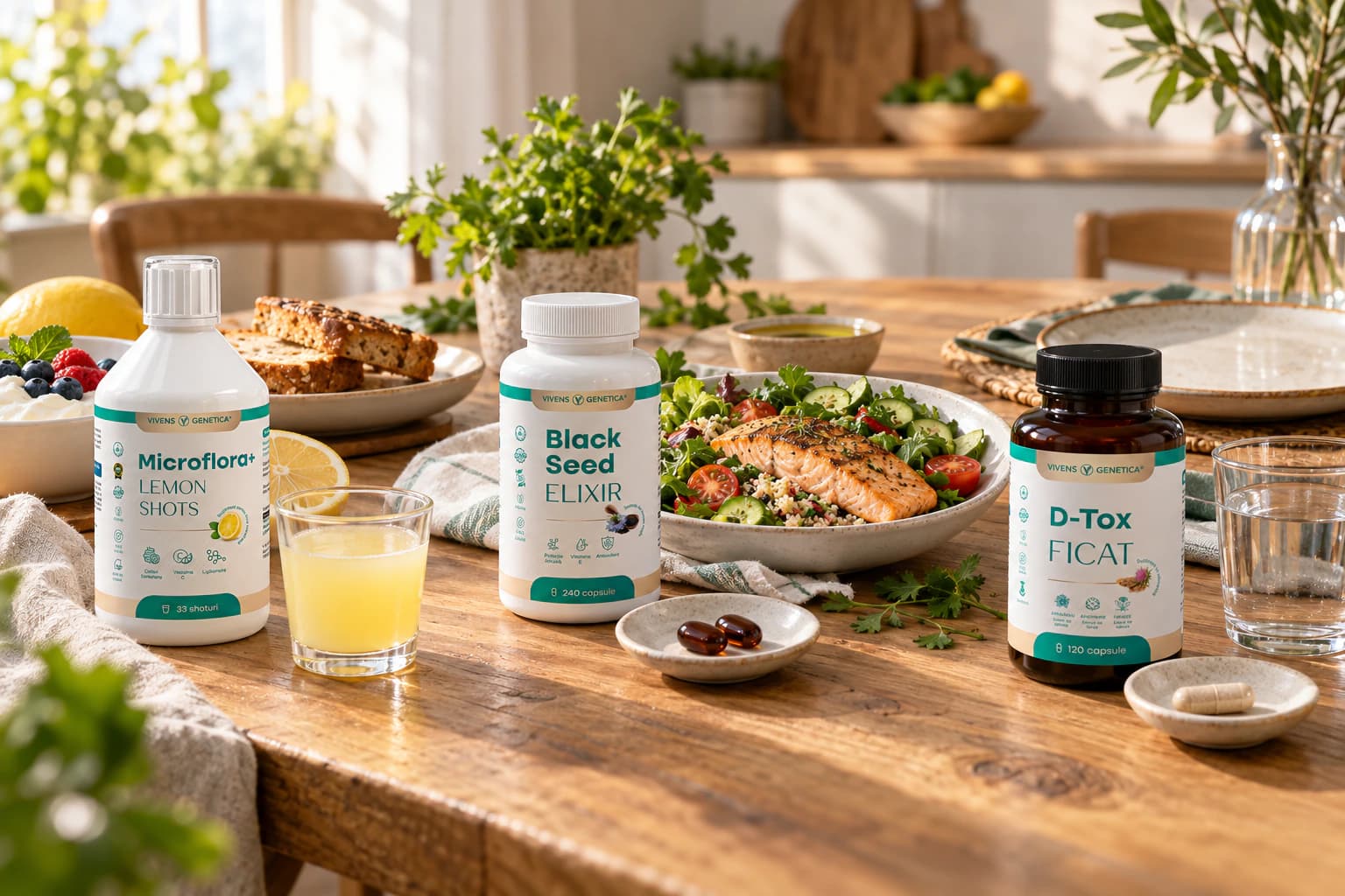 O masă lungă de bucătărie, de la stânga la dreapta ca o zi: dimineața sticla Microflora+ și un păhărel cu shot galben, la prânz borcanul Black Seed Elixir și două capsule lângă farfurie, după masă borcanul D-Tox Ficat, o capsulă și un pahar cu apă
