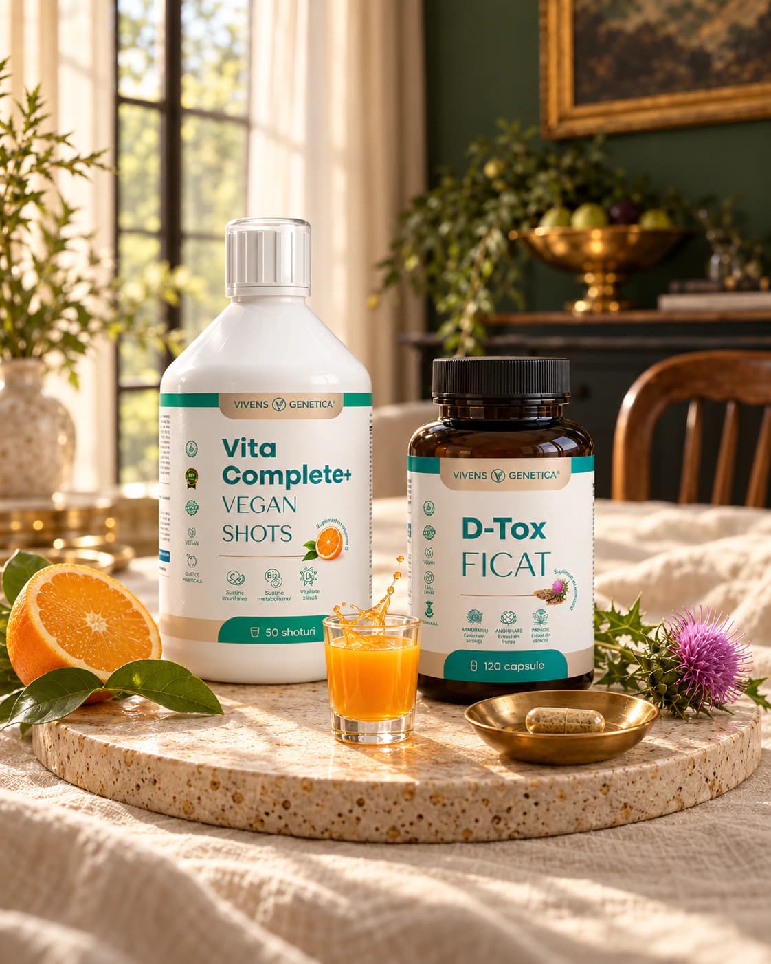 Sticla Vita Complete+ Vegan Shots de 500 ml și borcanul D-Tox Ficat cu 120 de capsule, pe un postament de piatră, cu un pahar mic cu shot portocaliu și o capsulă într-un bol de alamă, în lumina dimineții