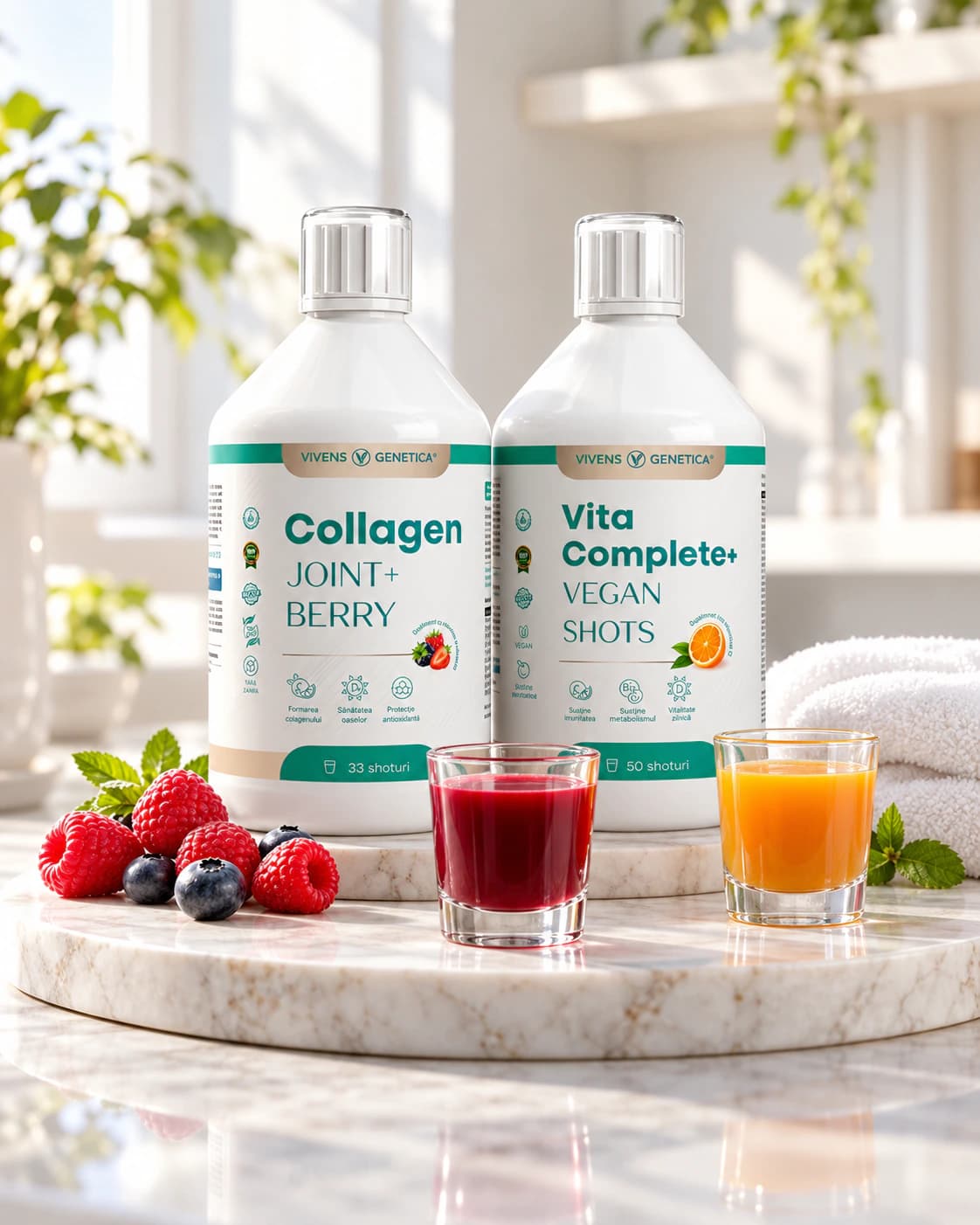 Flaconul Collagen Joint+ Berry și sticla Vita Complete+ pe un postament de marmură, cu un pahar mic cu shot roșu ca fructele de pădure, un pahar mic cu shot portocaliu, zmeură, afine și un prosop alb
