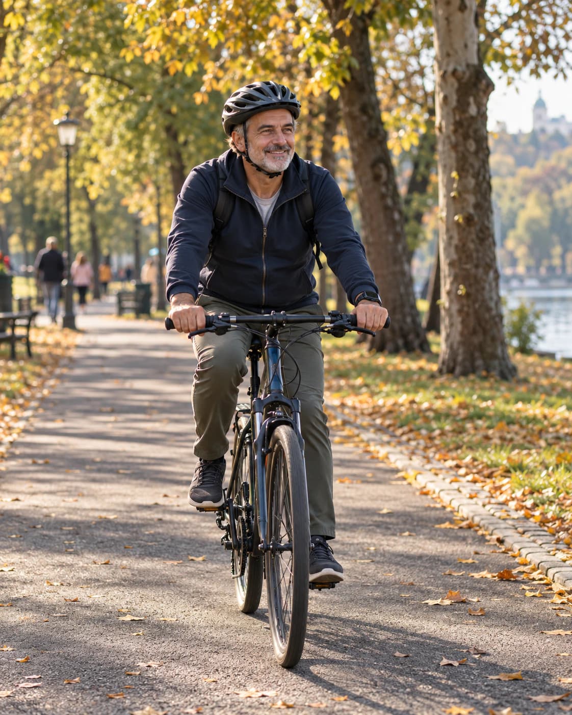 Duminică dimineața, în parc: un om de vreo 55 de ani merge pe bicicletă pe o alee, zâmbind, în lumina soarelui