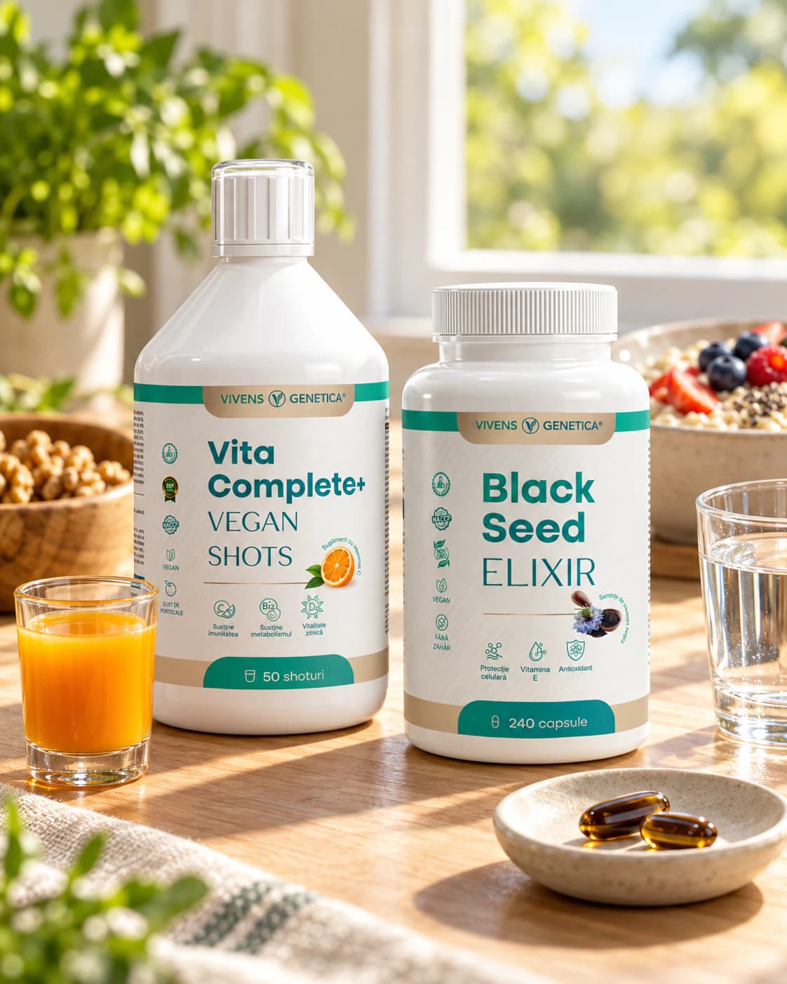 Sticla Vita Complete+ și borcanul Black Seed Elixir pe o masă de lemn lângă fereastră, dimineața, cu un pahar mic cu shot portocaliu, două capsule pe o farfurioară, un pahar cu apă, un bol cu nuci și un bol cu fulgi de ovăz și fructe de pădure