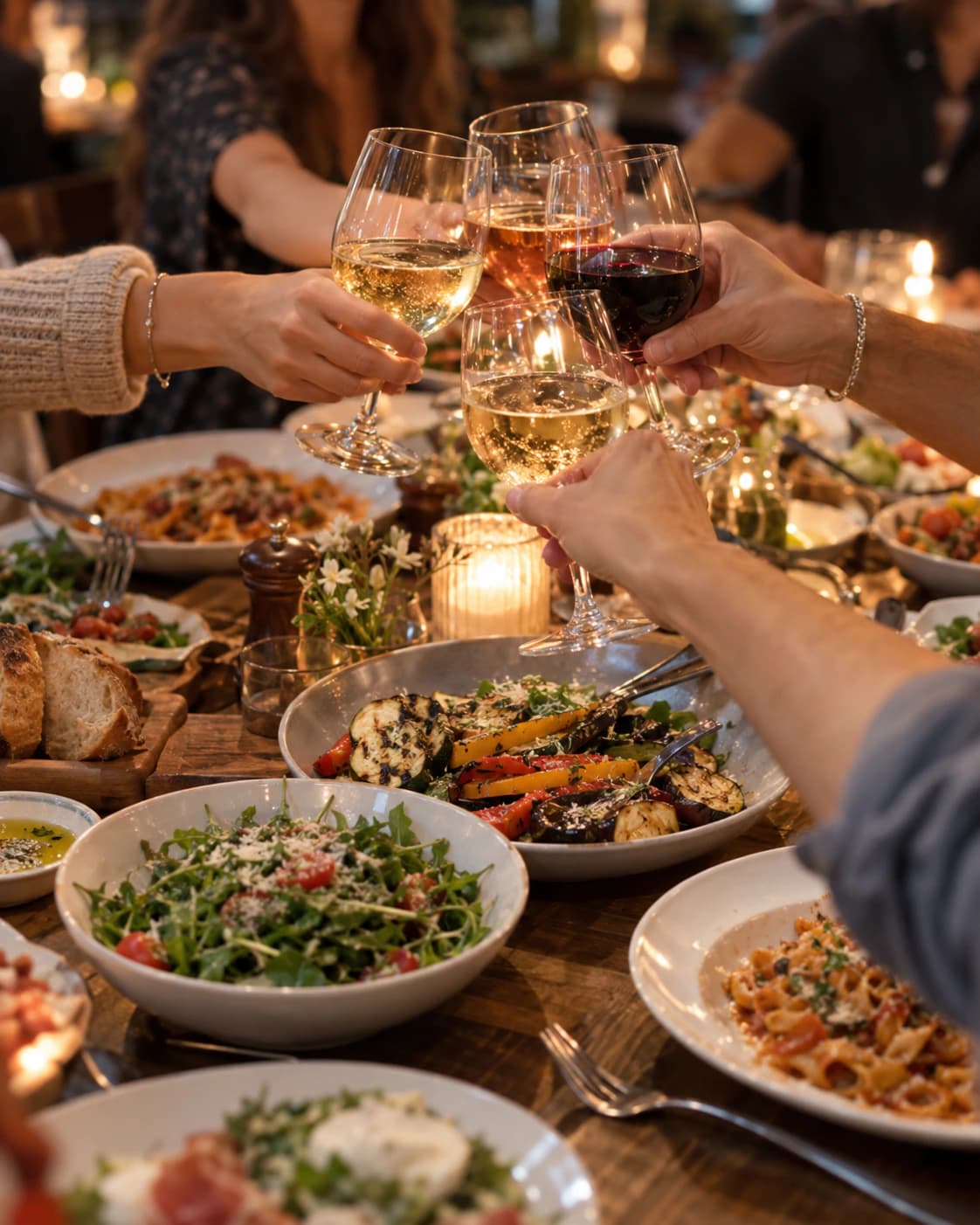 Cină cu prietenii într-un restaurant: mâini care ciocnesc paharele deasupra unei mese pline cu salate, legume la grătar, pâine și paste