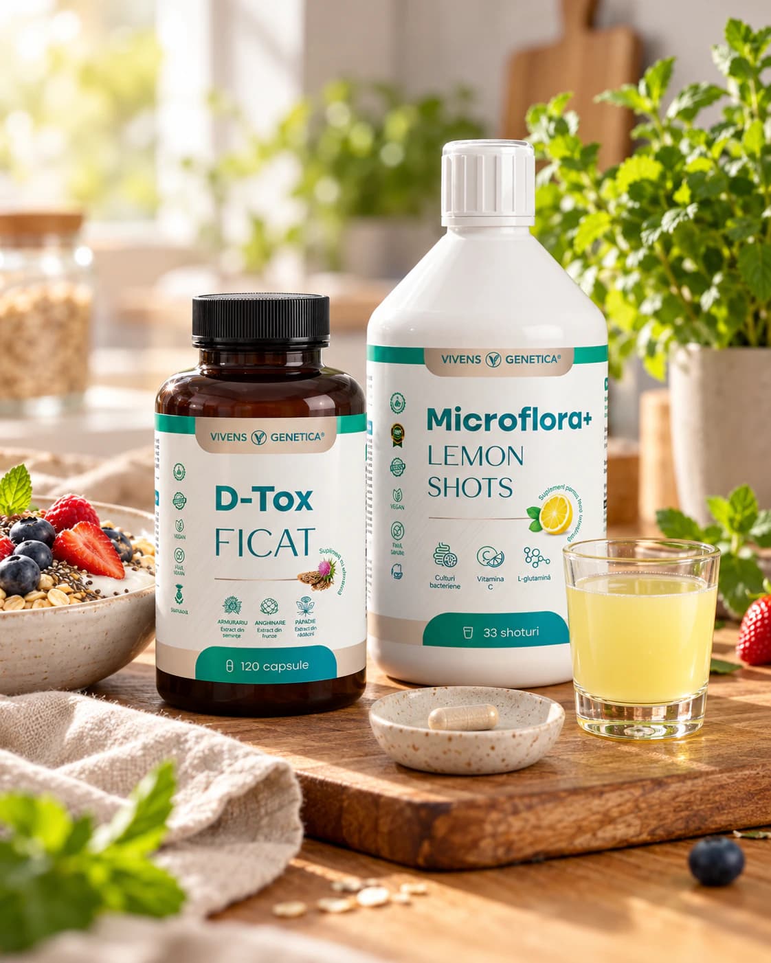 Borcanul D-Tox Ficat și sticla Microflora+ Lemon Shots pe un fund de lemn, lângă un bol cu ovăz, iaurt și fructe de pădure, un păhărel cu shot galben și o capsulă pe o farfurioară