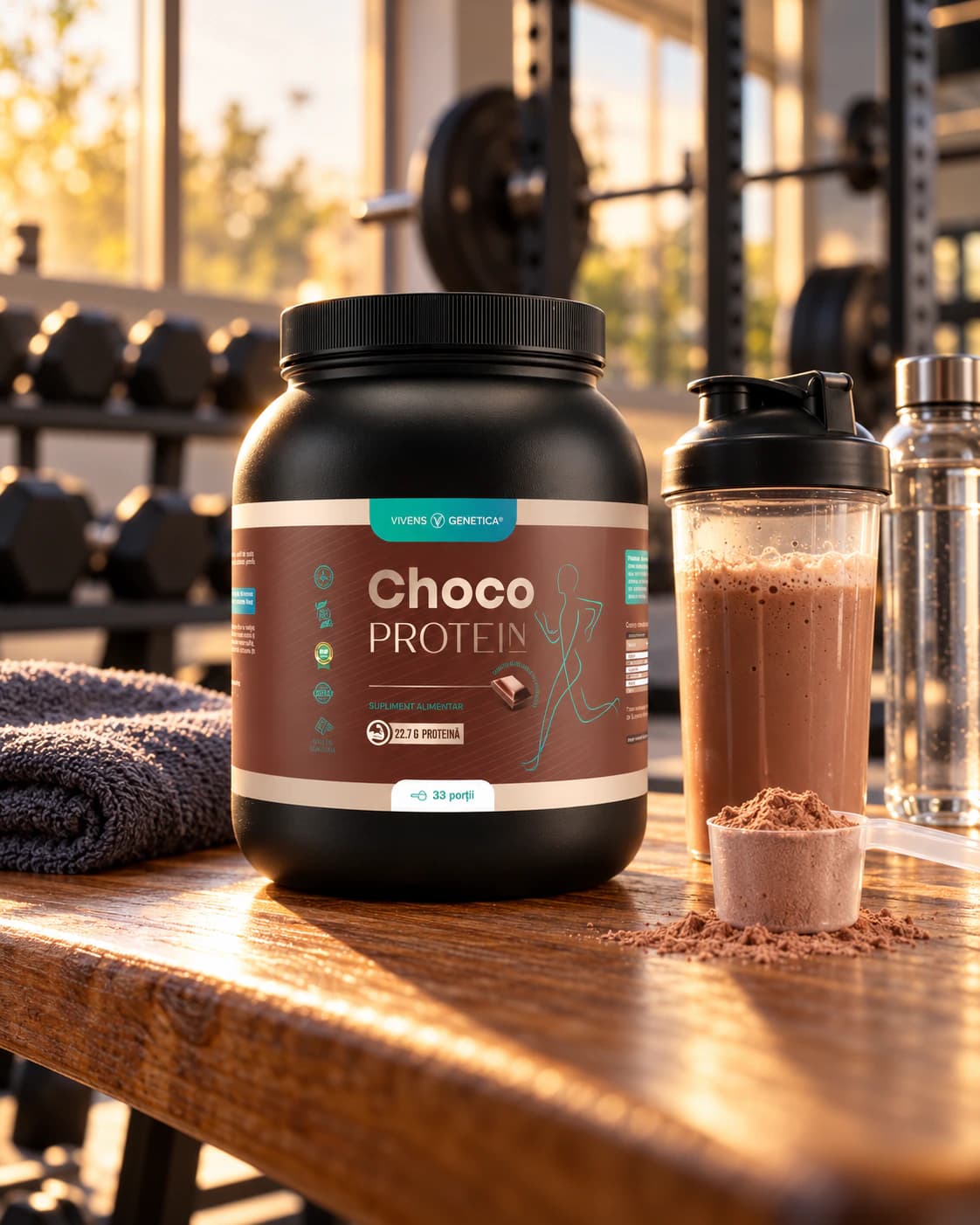 Borcanul ChocoProtein pe o bancă de lemn la sală, seara, lângă un shaker cu shake de ciocolată, o măsură cu pudră, un prosop împăturit și o sticlă cu apă