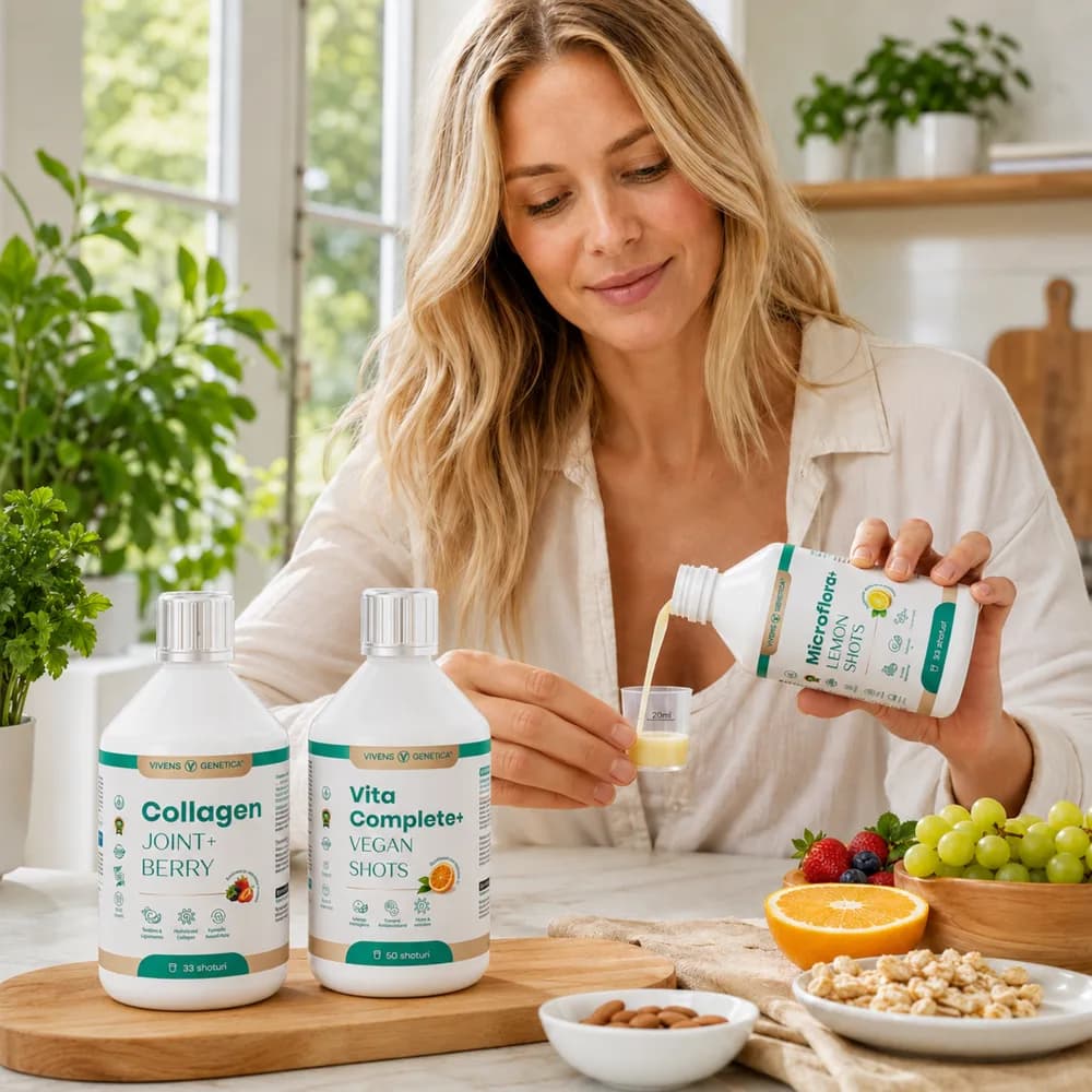 Pachet Vitalitate de la Mâna Naturii: Collagen Joint+ Berry, Vita Complete+ Vegan Shots și Microflora+ Lemon Shots, suplimente vegane pentru frumusețe, regenerare și echilibru