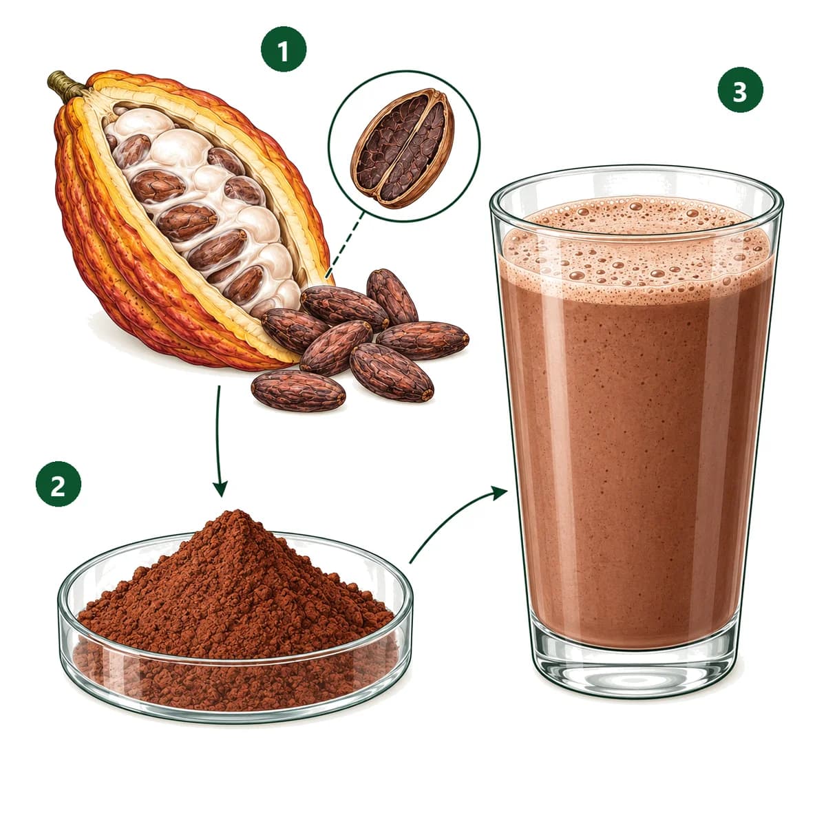 Schemă desenată în trei pași: o păstaie de cacao deschisă, cu boabe, și o boabă tăiată în două, mărită (1); un vas cu pudră de cacao (2); un pahar înalt cu shake de ciocolată (3)