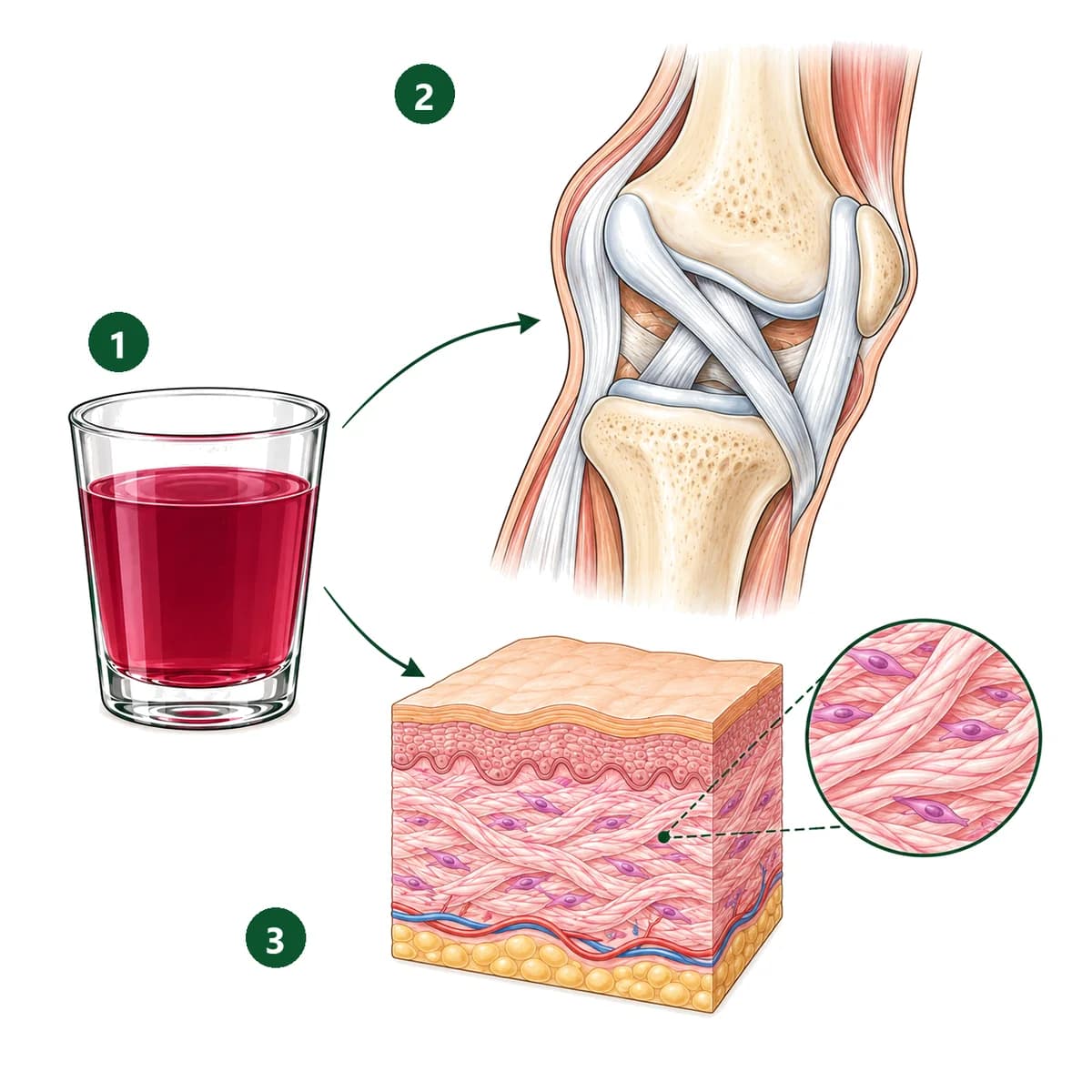 Schemă desenată în trei pași: un pahar mic cu băutura roșie (1); genunchiul văzut din lateral, cu ligamentele albe care leagă oasele (2); pielea în secțiune, cu fibrele de colagen din ea mărite (3).