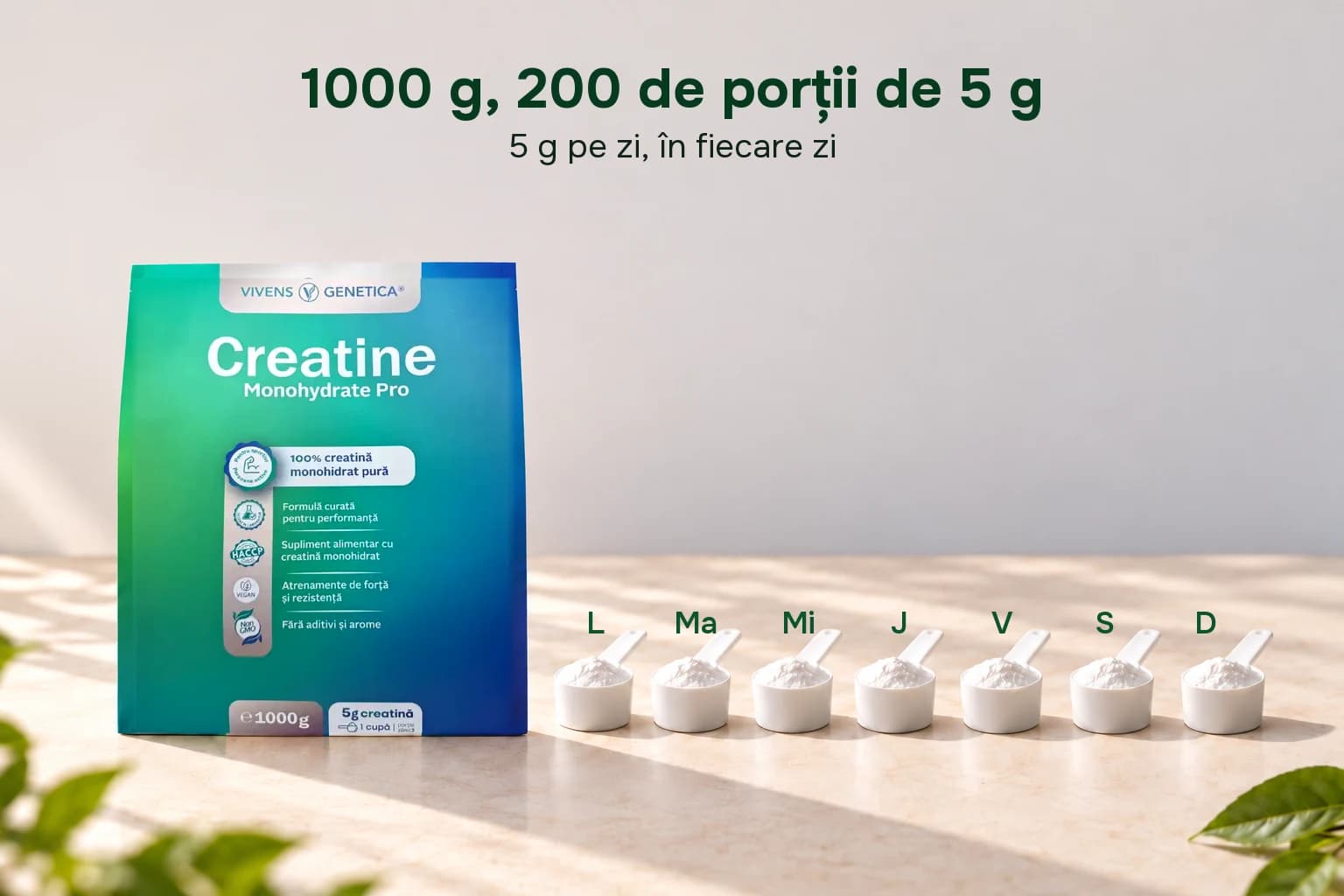 Punga Creatine Monohydrate Pro lângă șapte măsuri cu pulbere albă, una pentru fiecare zi a săptămânii, de luni până duminică. Textul: 1000 g, 200 de porții de 5 g; 5 g pe zi, în fiecare zi