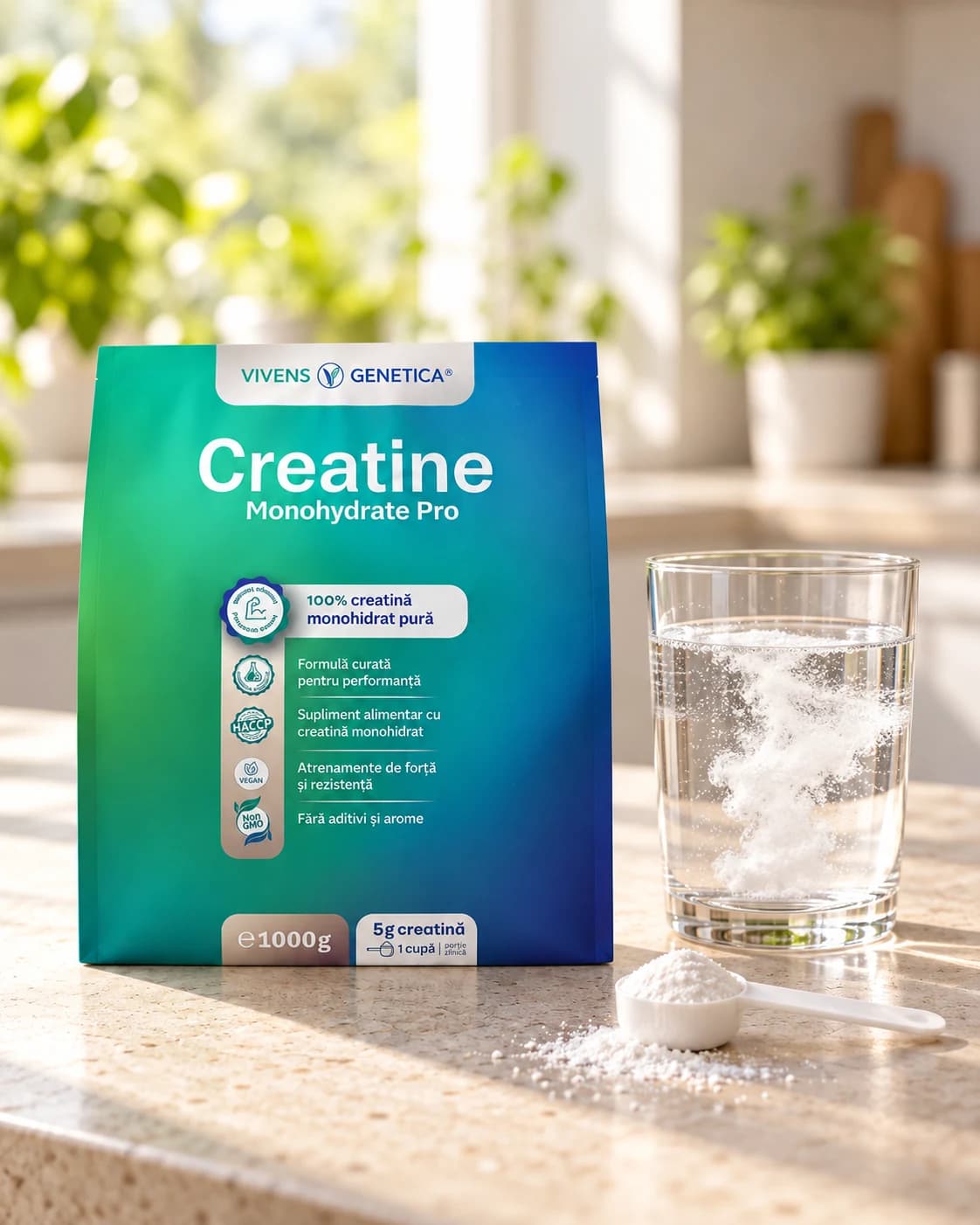 Punga Creatine Monohydrate Pro pe blatul din bucătărie, lângă un pahar cu apă în care se dizolvă pulbere albă și o linguriță de măsură cu pulbere