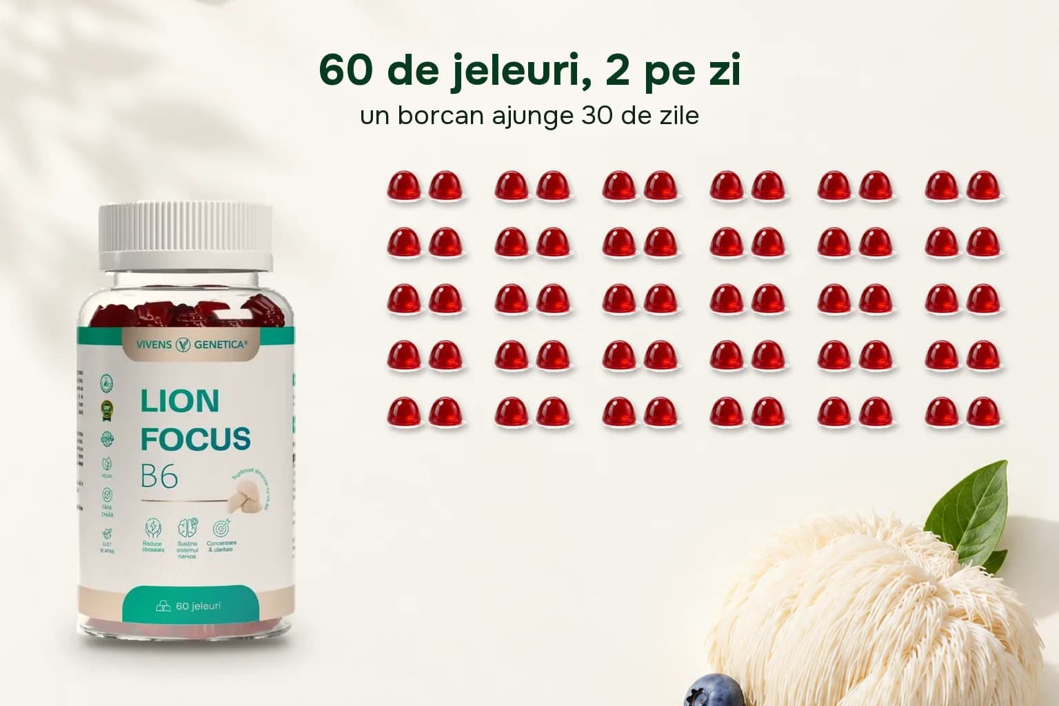 Borcanul LionFocus B6 lângă 60 de jeleuri roșii așezate câte două, pe un fundal deschis cu afine și o ciupercă coama leului. Textul: 60 de jeleuri, 2 pe zi; un borcan ajunge 30 de zile