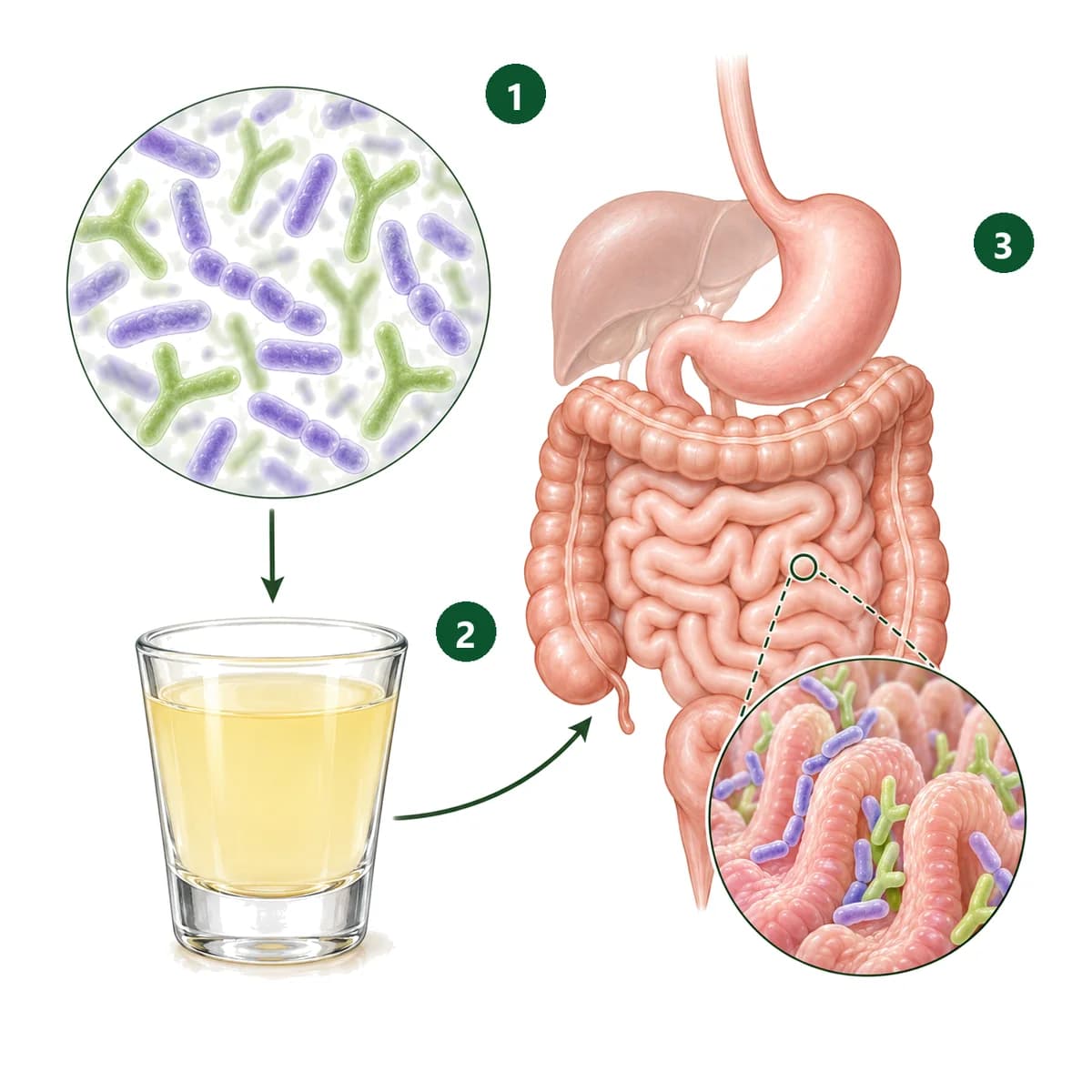 Schemă desenată în trei pași: bacterii văzute la microscop, unele ca niște bastonașe, altele în formă de Y (1); un păhărel cu shotul galben-pal (2); tubul digestiv, de la stomac la intestinul gros, cu peretele intestinului mărit și aceleași bacterii pe el (3).