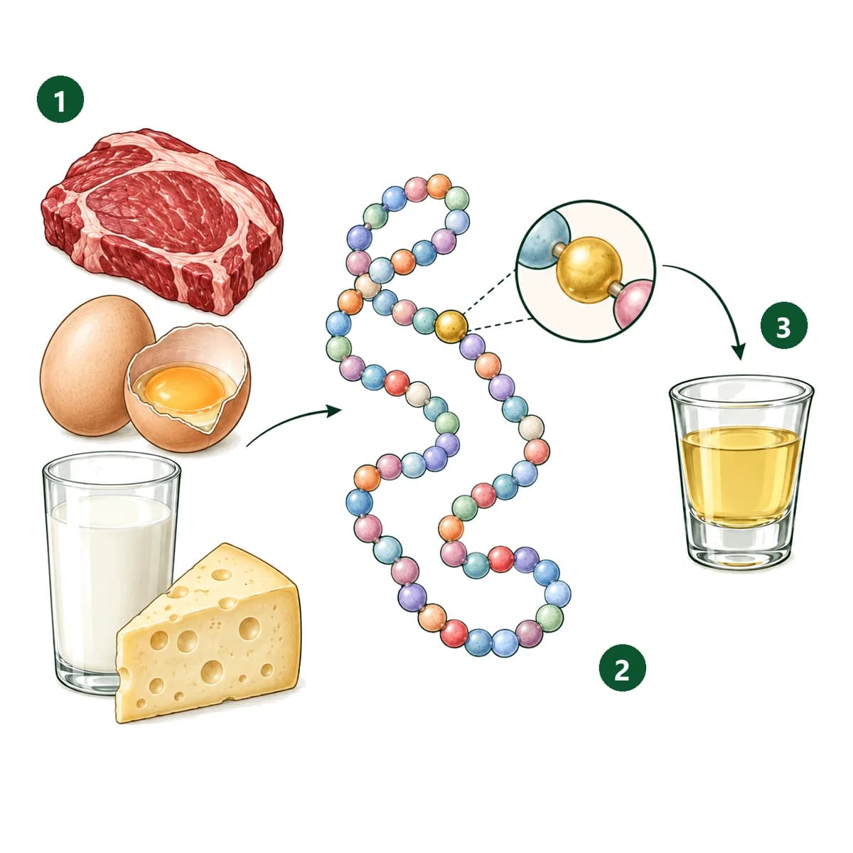 Schemă desenată în trei pași: carne, ouă, un pahar cu lapte și o felie de brânză (1); o proteină desenată ca un șir de mărgele colorate, cu o mărgea aurie mărită, L-glutamina (2); un păhărel cu shotul galben-pal (3).