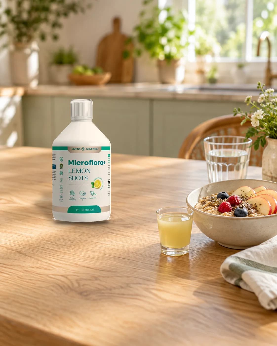 Sticla Microflora+ Lemon Shots pe masa din bucătărie, dimineața, lângă un păhărel cu shotul galben, un pahar cu apă și un bol cu ovăz și fructe