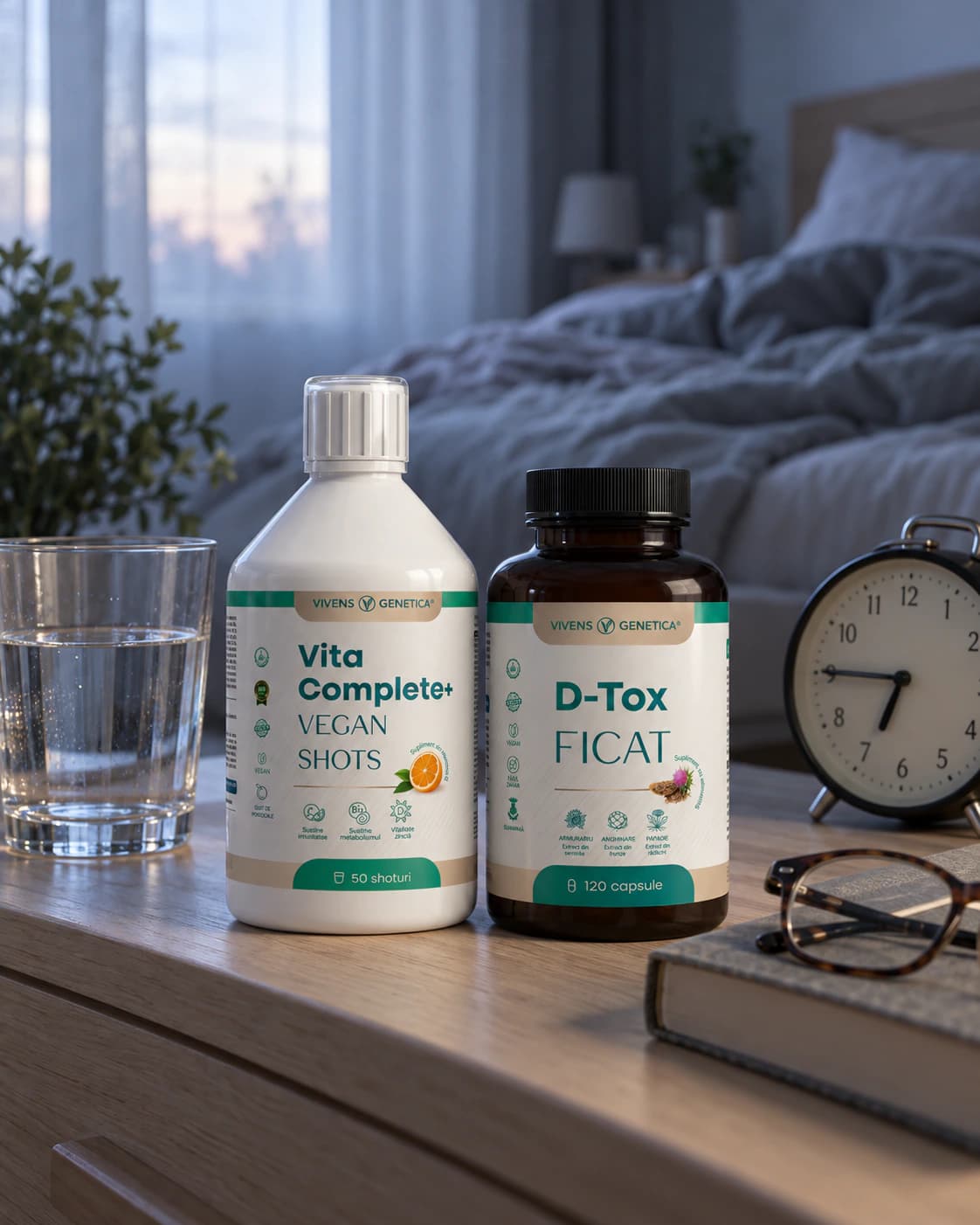 În zori, pe noptiera din dormitor: sticla Vita Complete+ Vegan Shots și borcanul D-Tox Ficat, un pahar cu apă, un ceas deșteptător la 6:45 și ochelarii pe o carte; în spate, patul nefăcut