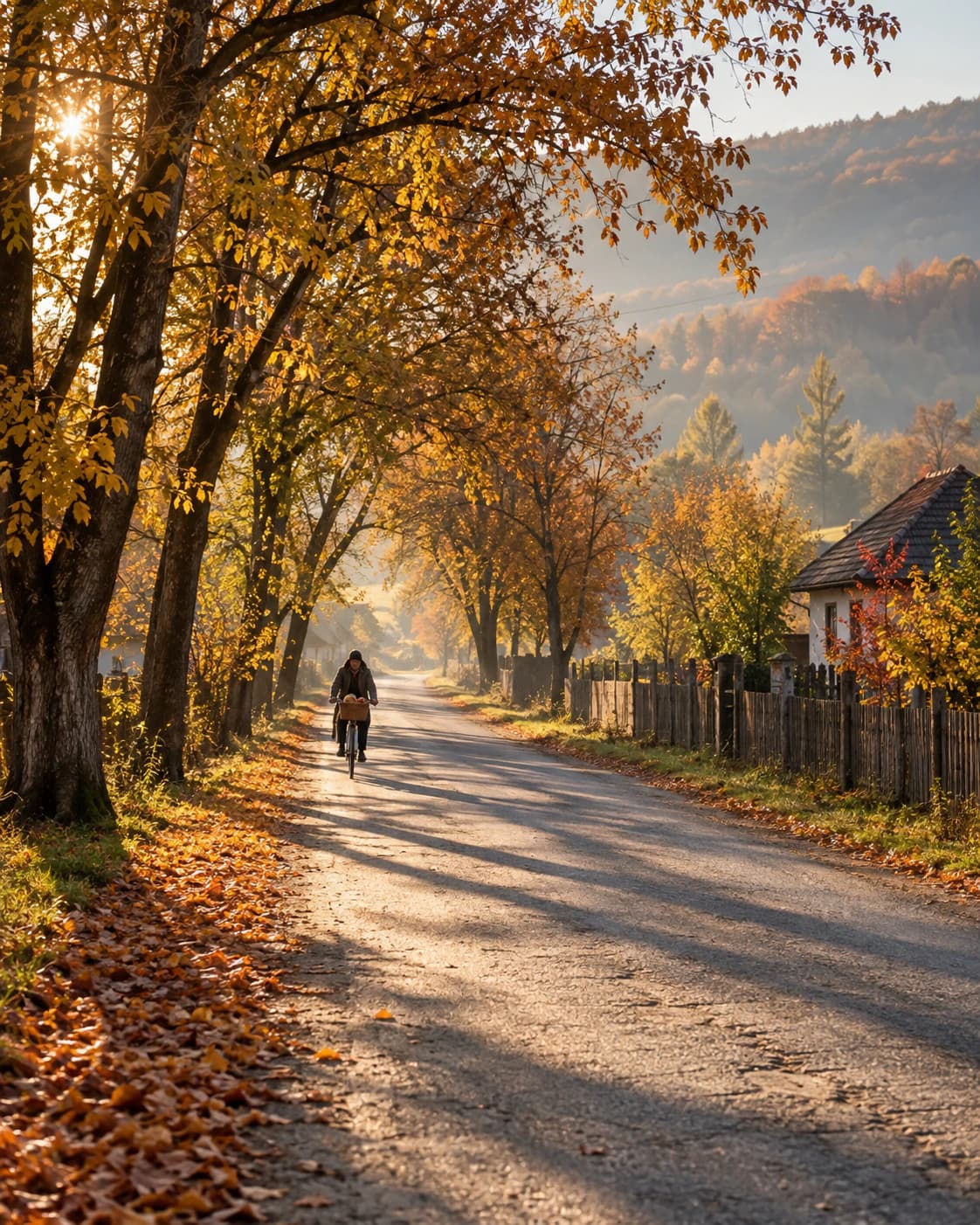 Sâmbătă dimineața, toamna, pe un drum de țară cu copaci galbeni: un om vine pe bicicletă, cu pâine și mere în coșul din față