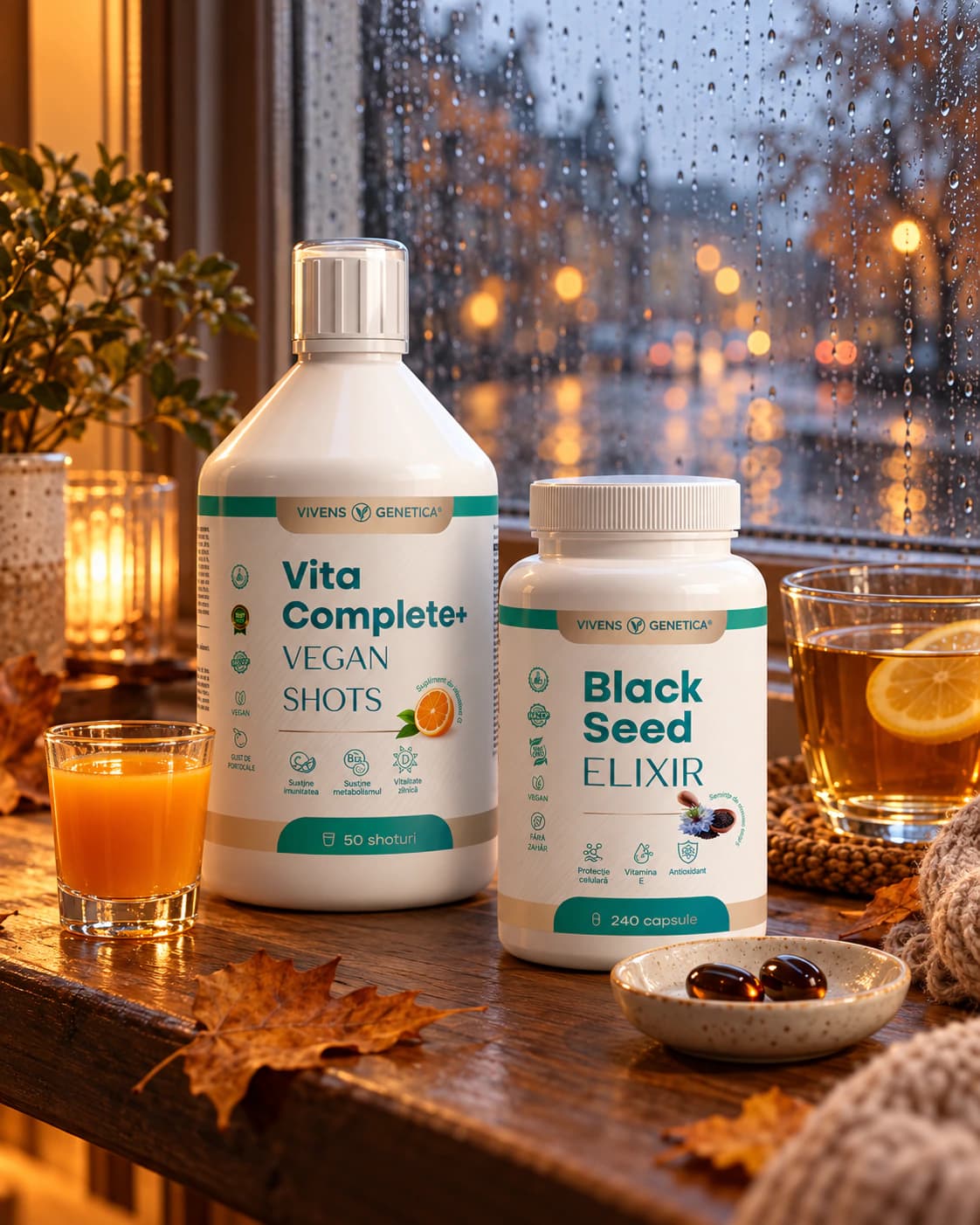 Sticla Vita Complete+ și borcanul Black Seed Elixir pe un pervaz de lemn, lângă un pahar mic cu shot portocaliu, o cană de ceai cu lămâie și două capsule într-un bol mic; afară plouă