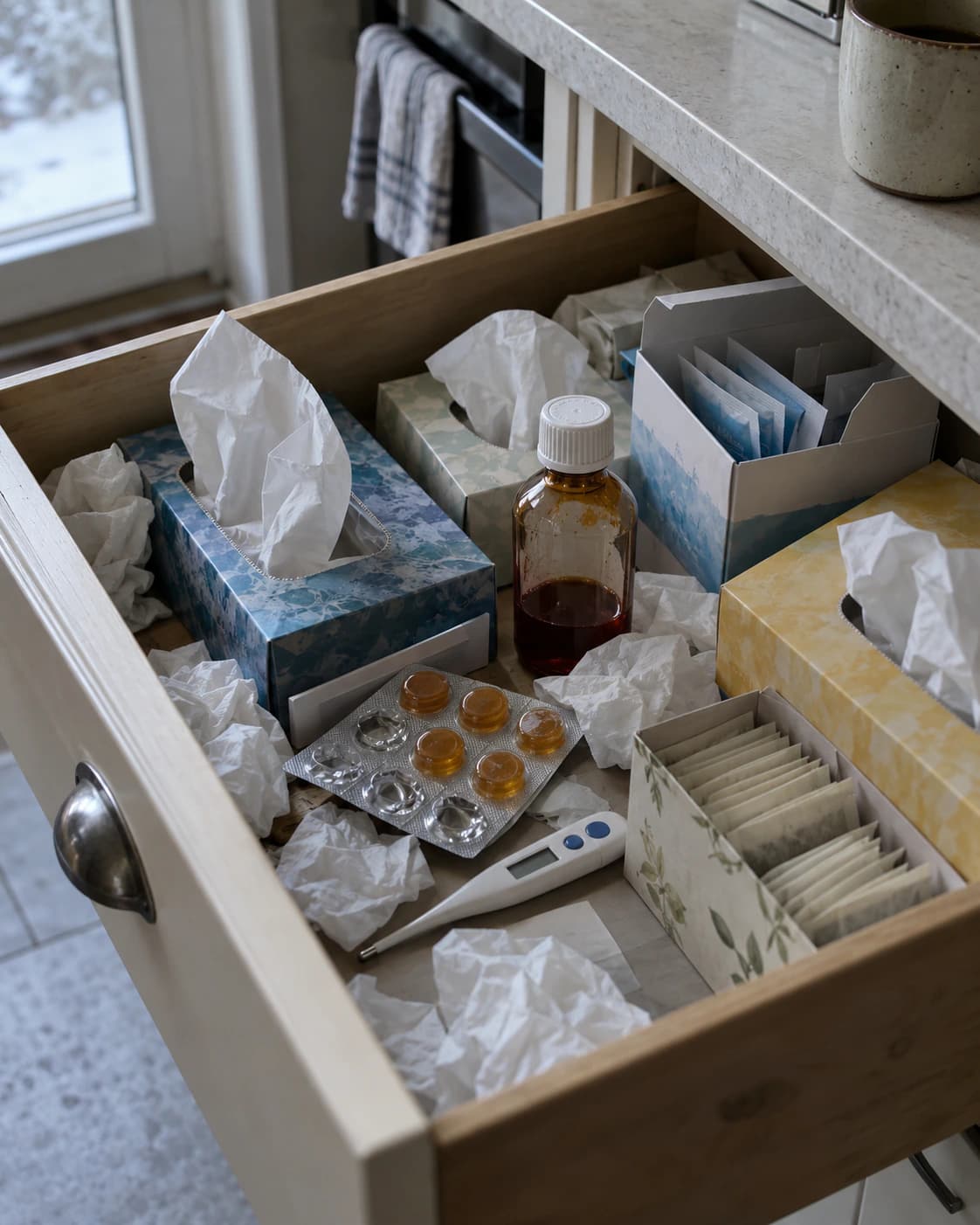 Un sertar de bucătărie deschis, plin cu cutii de șervețele, o sticlă de sirop pe jumătate, pastile de supt, plicuri pentru răceală, ceai și un termometru
