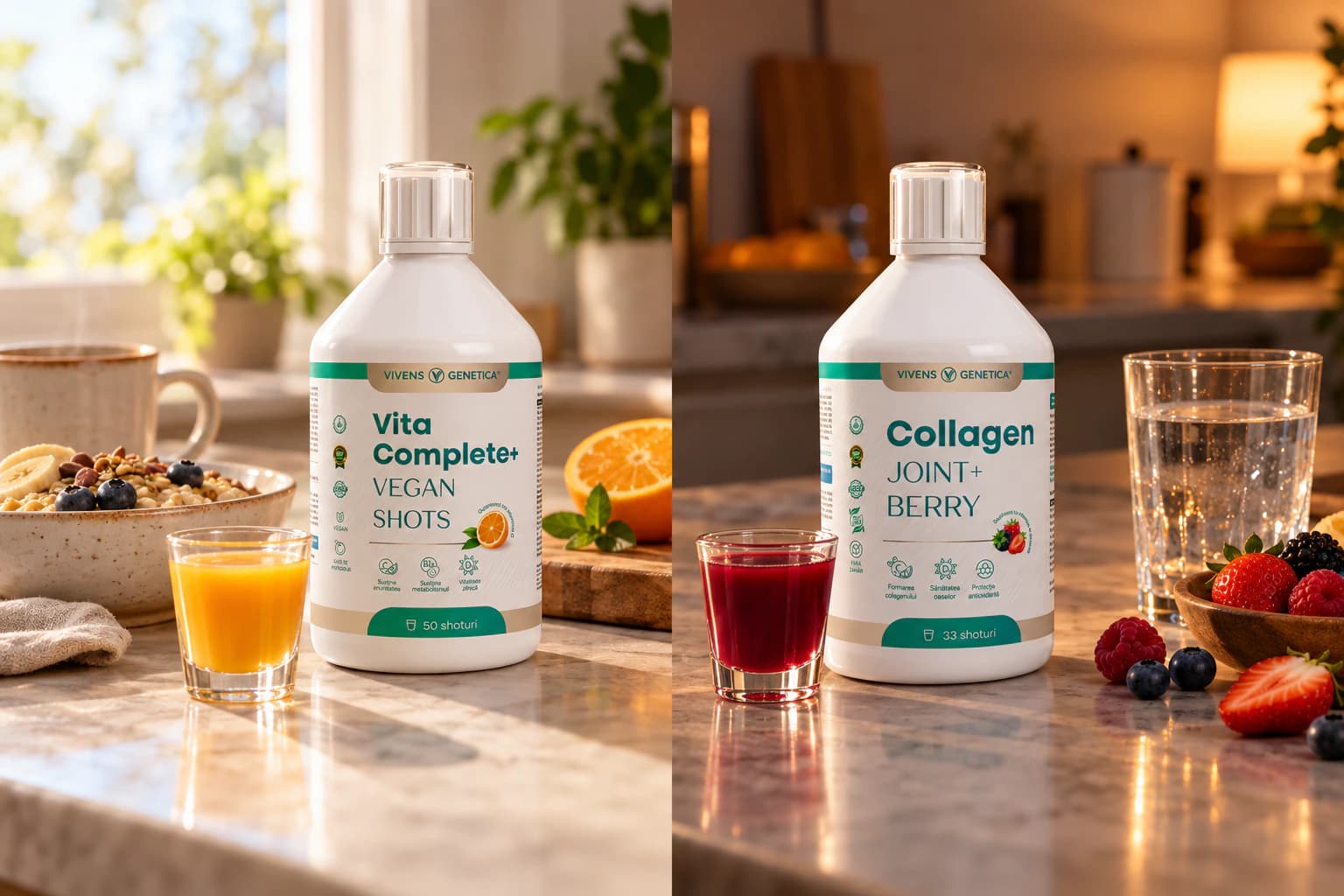 Același blat de bucătărie dimineața și seara: în stânga sticla Vita Complete+ și un pahar mic cu shot portocaliu, lângă micul dejun; în dreapta flaconul Collagen Joint+ Berry, un pahar mic cu shot roșu ca fructele de pădure și un pahar cu apă, în lumina veiozei