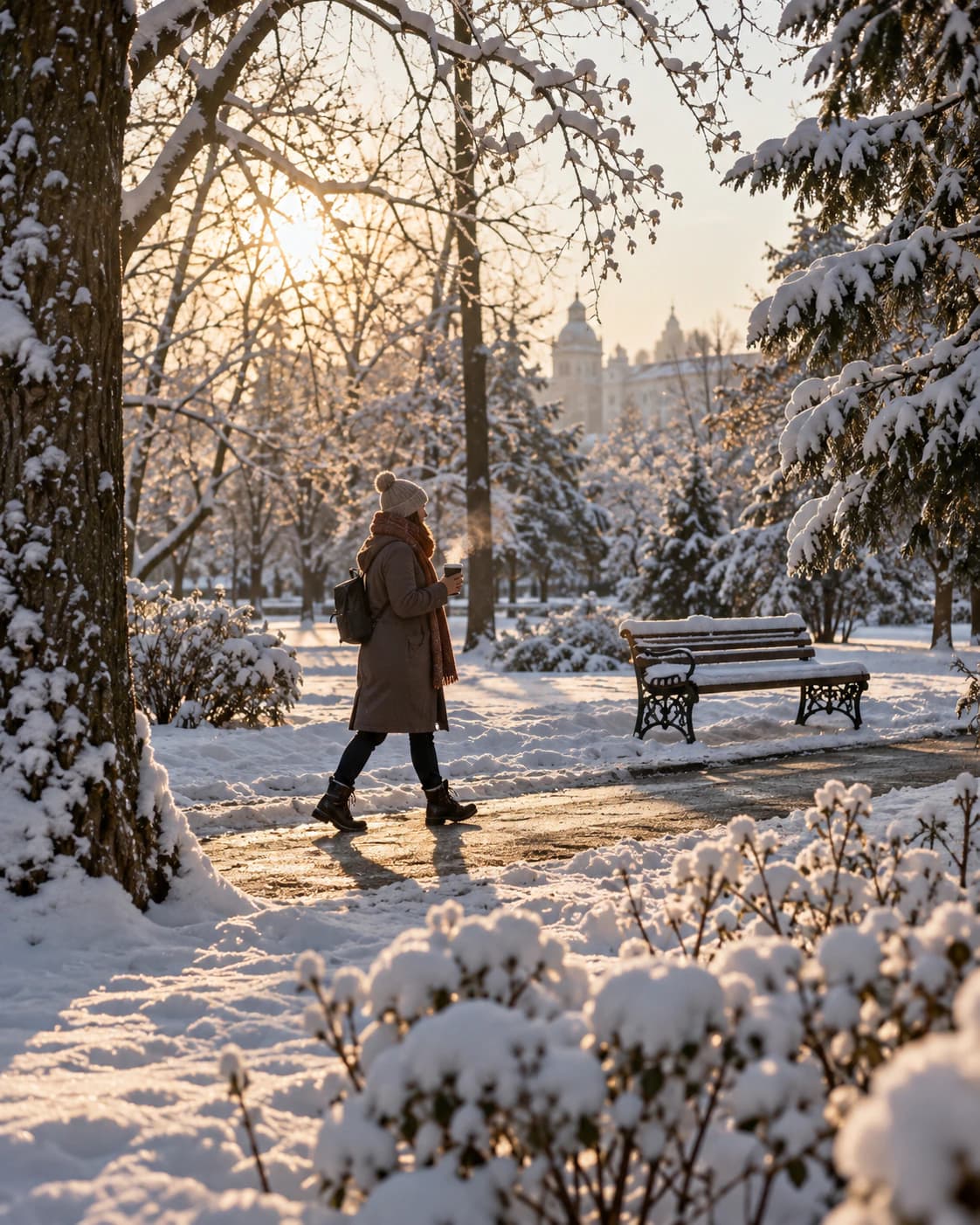 Dimineață de iarnă într-un parc din oraș: un om îmbrăcat gros, cu fular și căciulă, merge pe alee printre copaci plini de zăpadă și ține un pahar cu ceai cald
