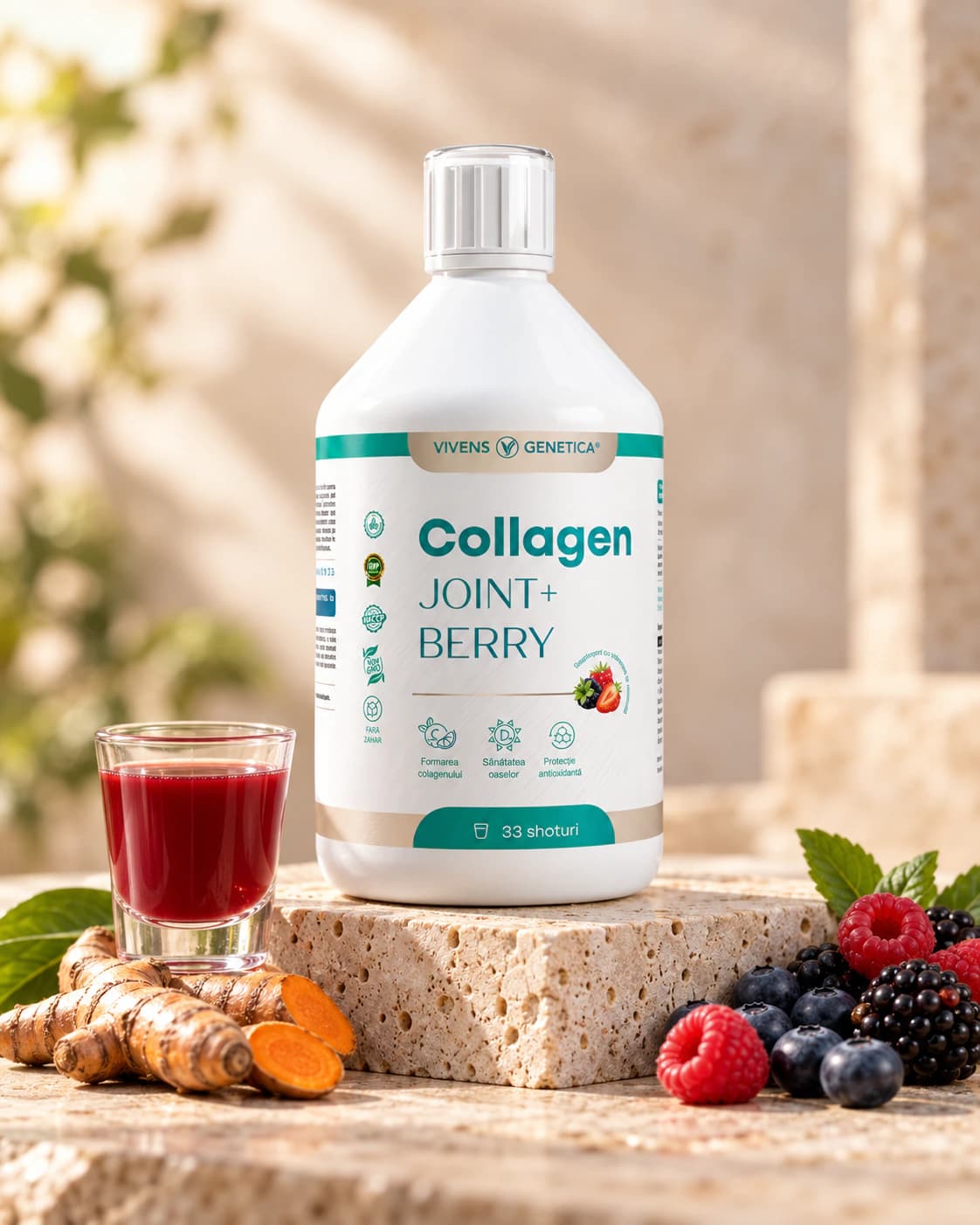 Flaconul Collagen Joint+ Berry de 500 ml pe un postament de piatră, lângă un pahar mic cu shot roșu ca fructele de pădure, rădăcini de curcumă și fructe de pădure, în lumina dimineții