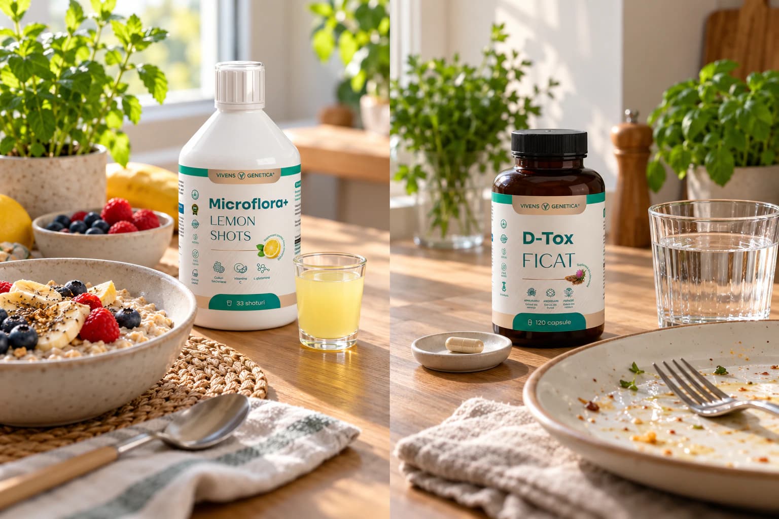 Aceeași masă dimineața și după prânz: în stânga terci de ovăz cu fructe, sticla Microflora+ și un păhărel cu shot galben; în dreapta farfuria goală, borcanul D-Tox Ficat, o capsulă pe o farfurioară și un pahar cu apă