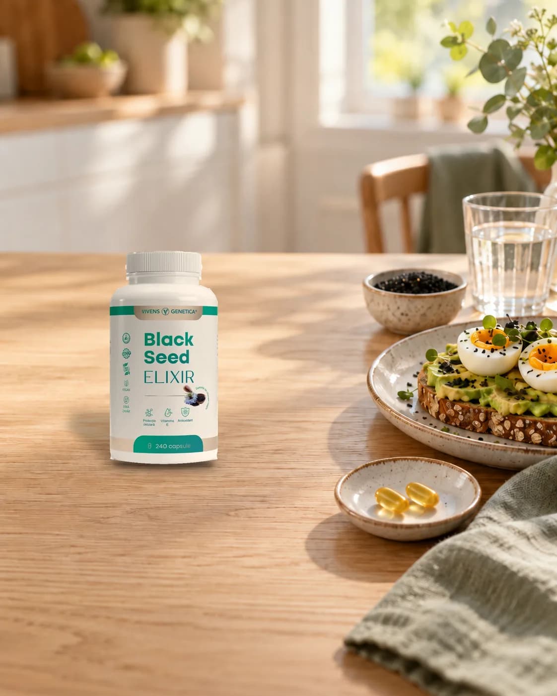 Borcanul Black Seed Elixir pe masa de mic dejun, lângă o farfurioară cu două capsule moi, o felie de pâine cu avocado și ou, un bol mic cu semințe de chimen negru și un pahar cu apă