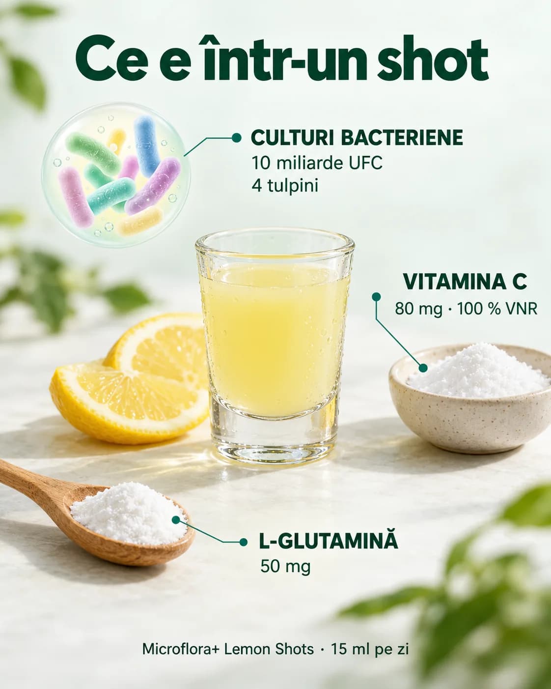 Ce e într-un shot de Microflora+ Lemon Shots: culturi bacteriene, 10 miliarde UFC, din 4 tulpini; vitamina C 80 mg (100 % VNR); L-glutamină 50 mg. În imagine sunt un păhărel cu shotul galben-pal, jumătăți de lămâie și un bol cu pulbere albă