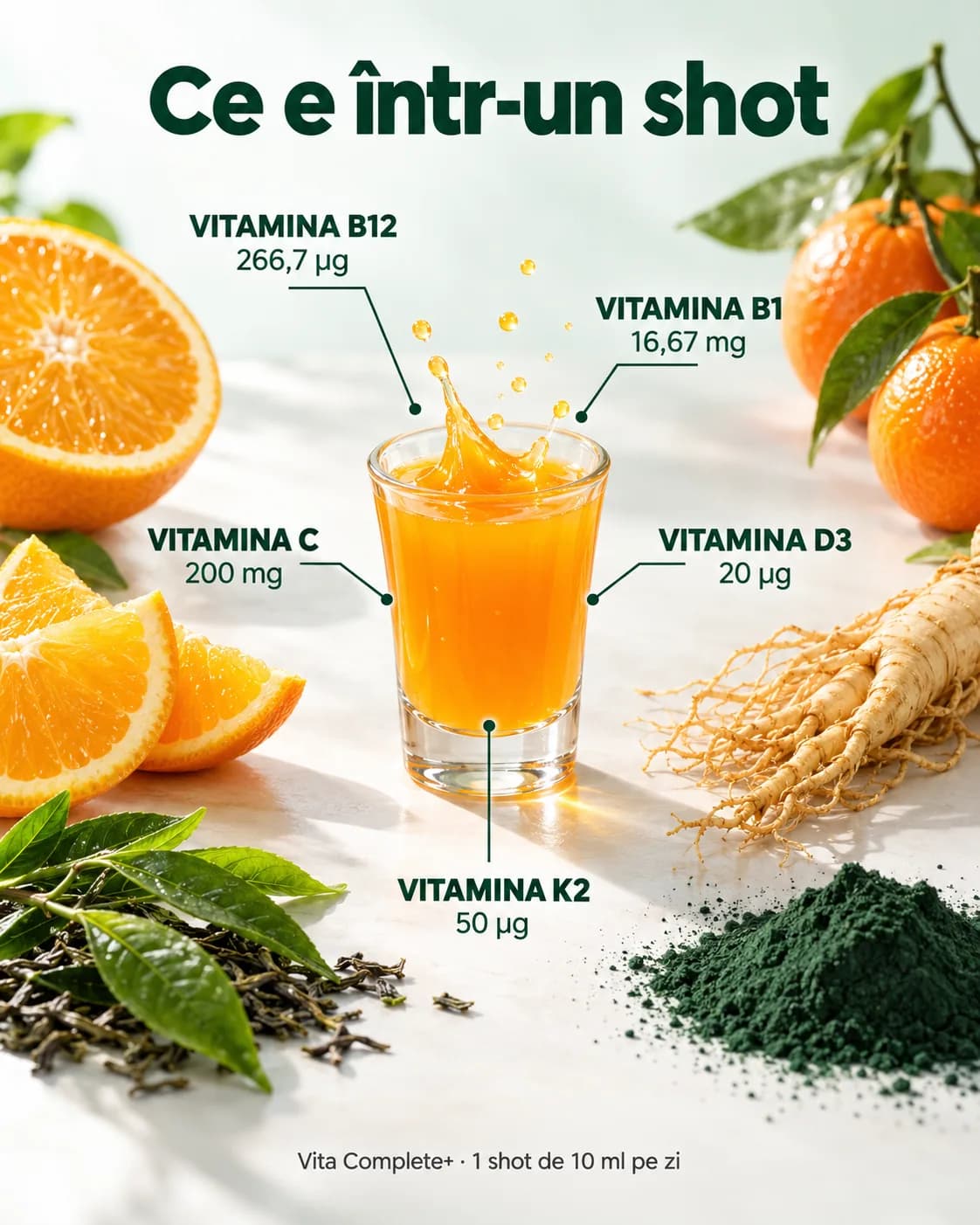 Ce e într-un shot de Vita Complete+: un pahar mic în mijloc, cu etichete pentru vitamina B12, B1, C, D3 și K2; în jur felii de portocală, mandarine, frunze de ceai verde, rădăcină de ginseng și pulbere de spirulină