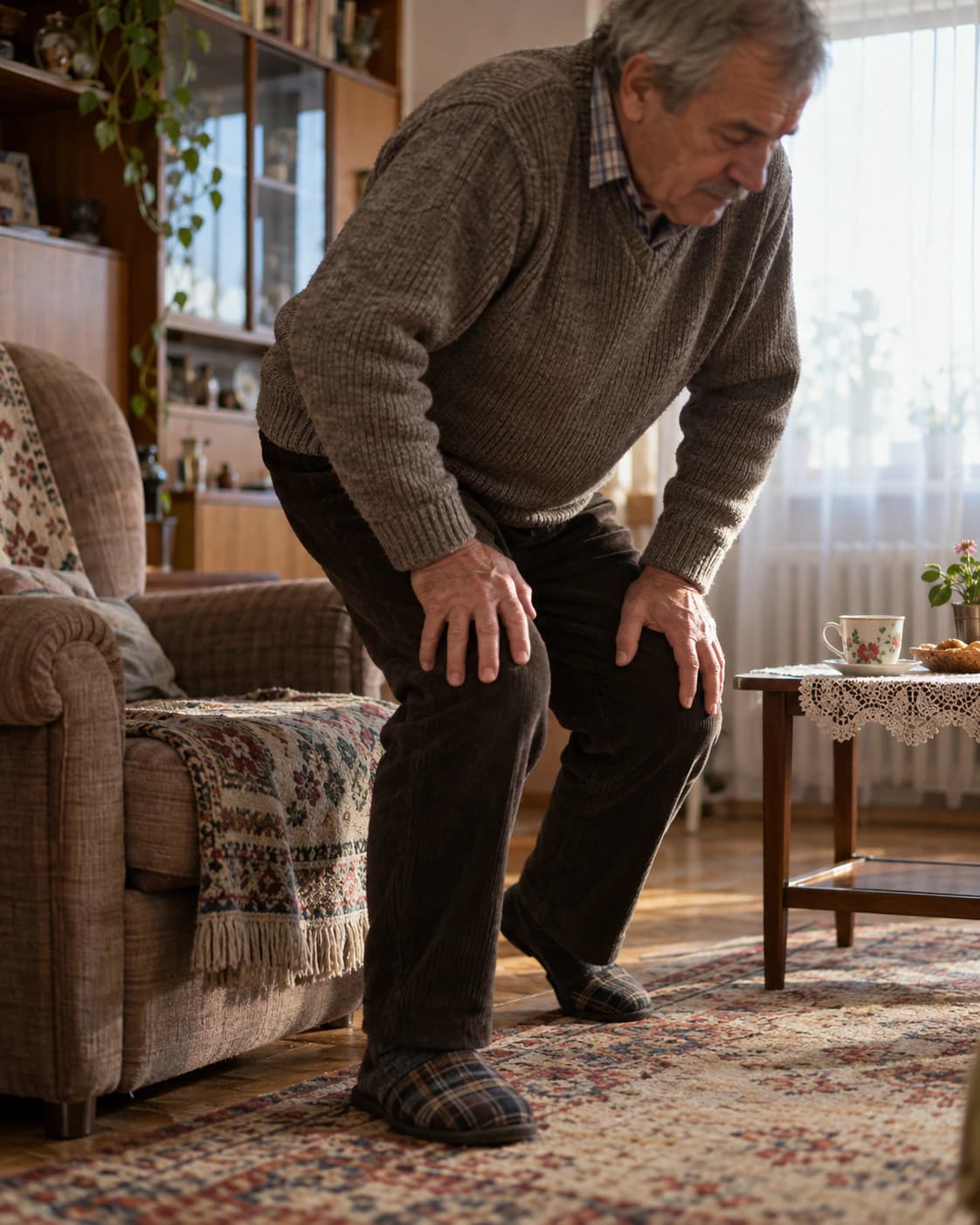 Un om se ridică greu de pe un fotoliu jos, sprijinindu-se cu mâinile pe genunchi