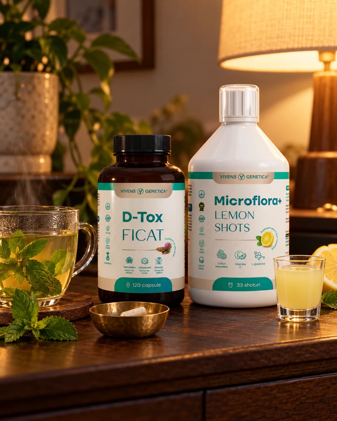 Borcanul D-Tox Ficat și sticla Microflora+ Lemon Shots pe o comodă de lemn, seara, în lumina unei veioze, lângă o cană de ceai de mentă, un păhărel cu shot galben și o capsulă într-un bol de alamă
