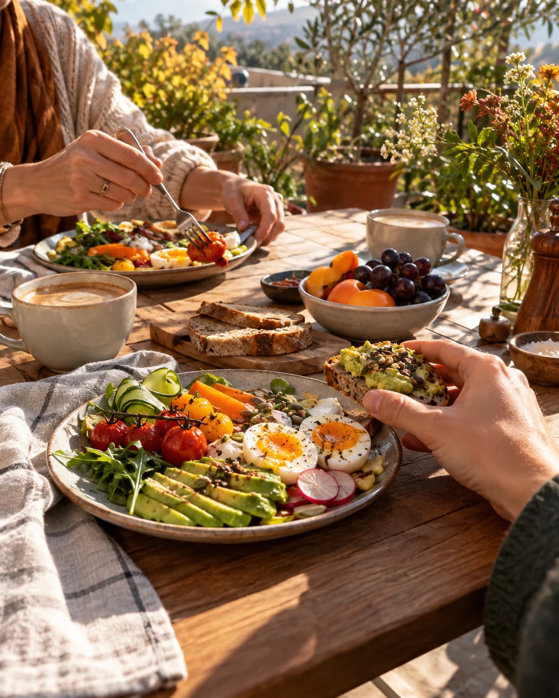 Brunch de weekend pe o terasă însorită, toamna: o farfurie cu legume, ouă, pâine și fructe, două cești de cafea și mâinile a doi prieteni care se servesc