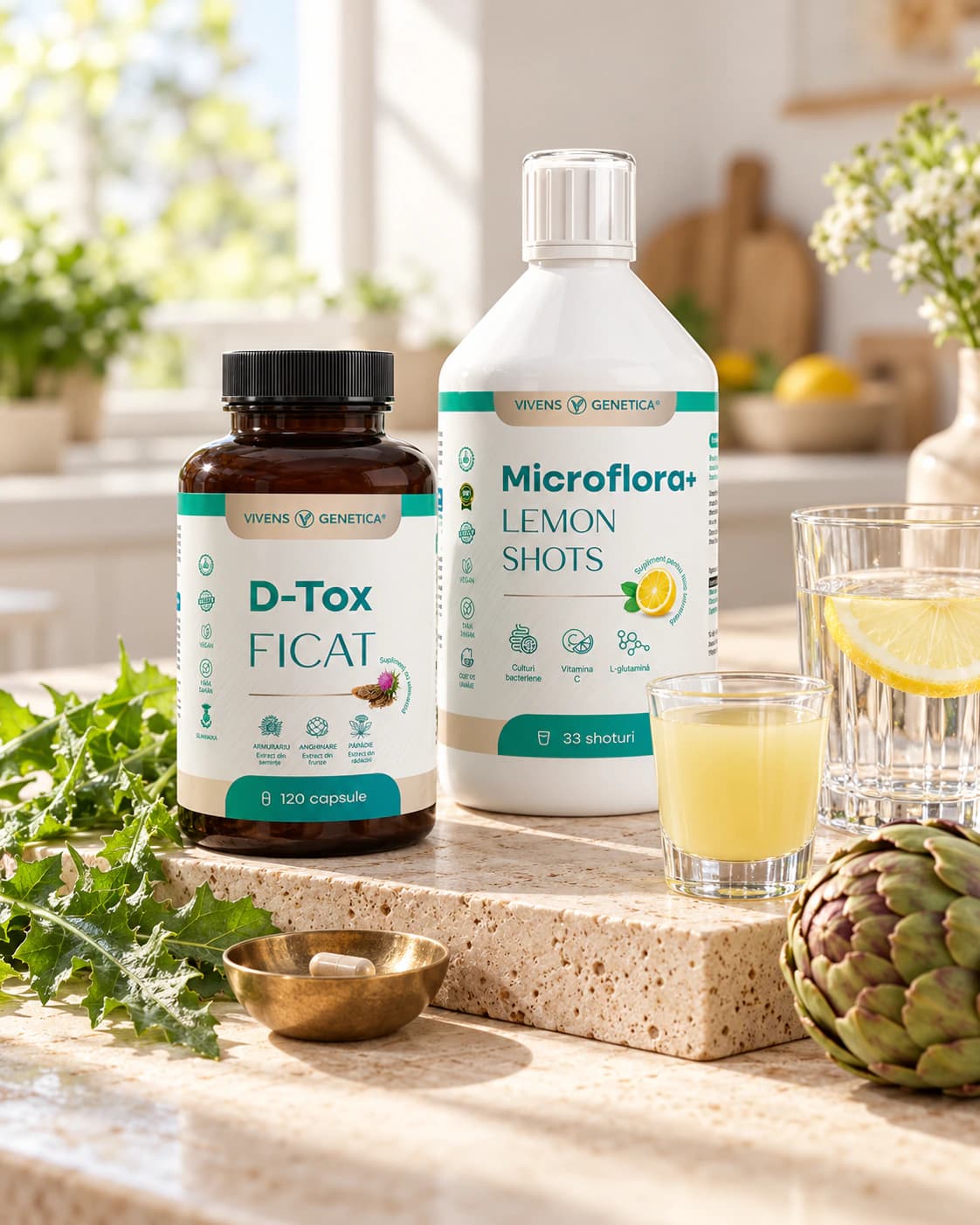 Borcanul D-Tox Ficat și sticla Microflora+ Lemon Shots pe un postament de travertin, într-o bucătărie luminoasă, cu un păhărel cu shot galben, o capsulă într-un bol de alamă, un pahar cu apă și lămâie, frunze de păpădie și o anghinare