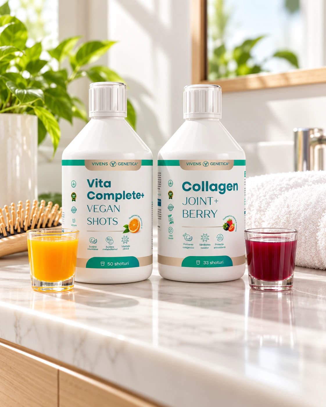 Sticla Vita Complete+ și flaconul Collagen Joint+ Berry pe un raft luminos din baie, lângă o perie de păr din lemn, un prosop pufos și două pahare mici, unul cu shot portocaliu și unul cu shot roșu ca fructele de pădure