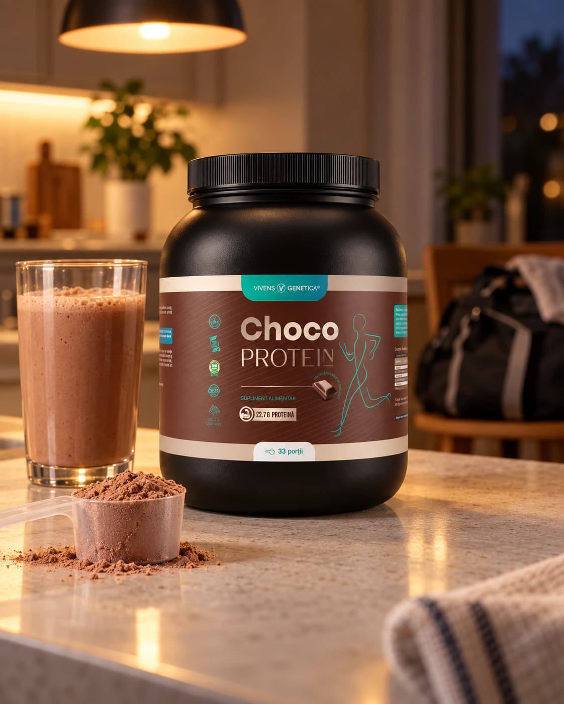 Borcanul ChocoProtein pe blatul din bucătărie, seara, lângă un pahar înalt cu shake de ciocolată, o măsură cu pudră și o geantă de sală pusă pe scaun
