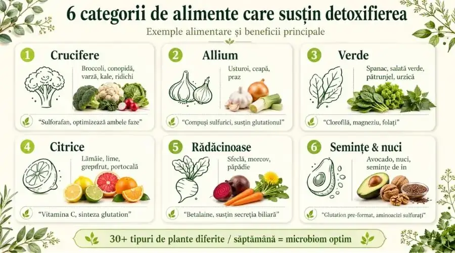 6 categorii de alimente care susțin detoxifierea naturală a ficatului: crucifere, allium, verzi, citrice, rădăcinoase, semințe