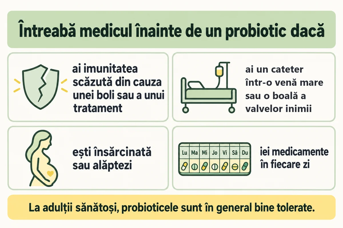 Schemă: întreabă medicul înainte de un probiotic dacă ai imunitatea scăzută, un cateter venos central, o boală a valvelor inimii, ești însărcinată sau iei medicamente zilnic