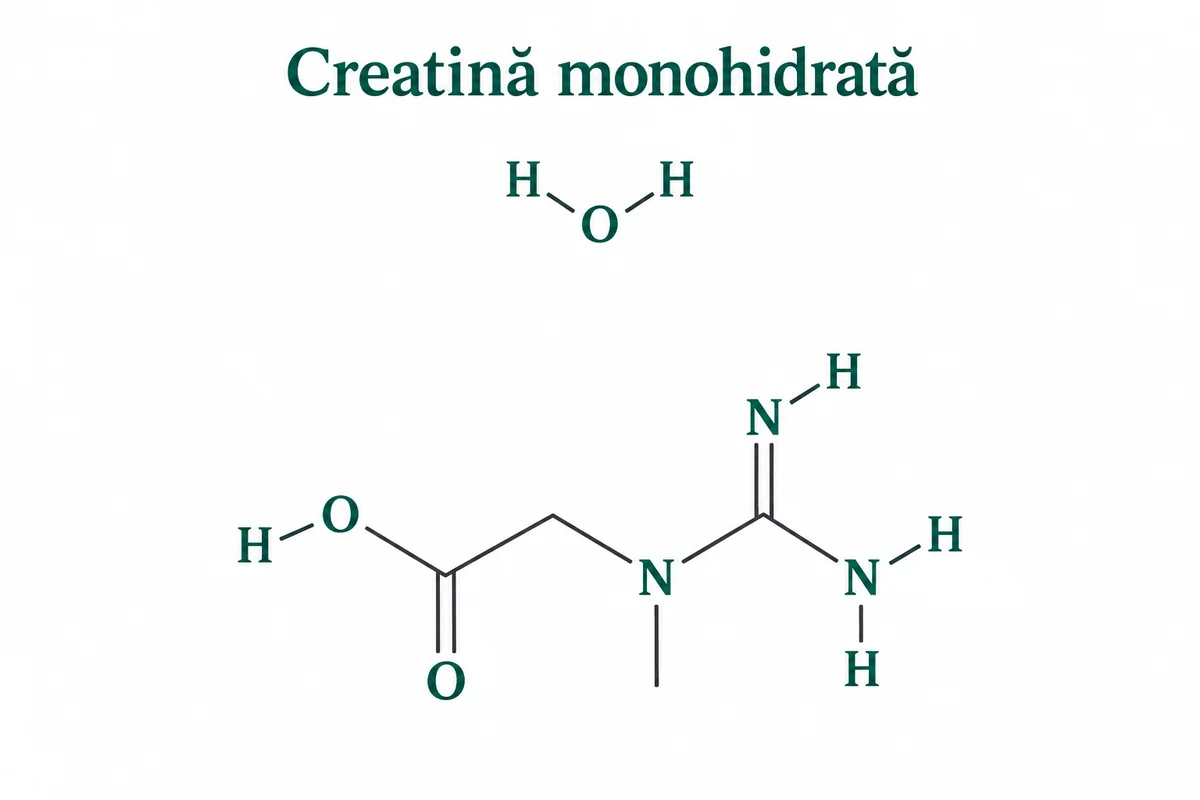 Structura chimică a creatinei monohidrate: o moleculă de creatină și o moleculă de apă
