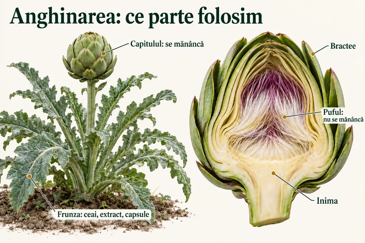 Schemă cu planta de anghinare și un capitul tăiat pe lung: frunza pentru ceai, extract și capsule, capitulul care se mănâncă, bracteele, inima de la bază și puful din mijloc care nu se mănâncă