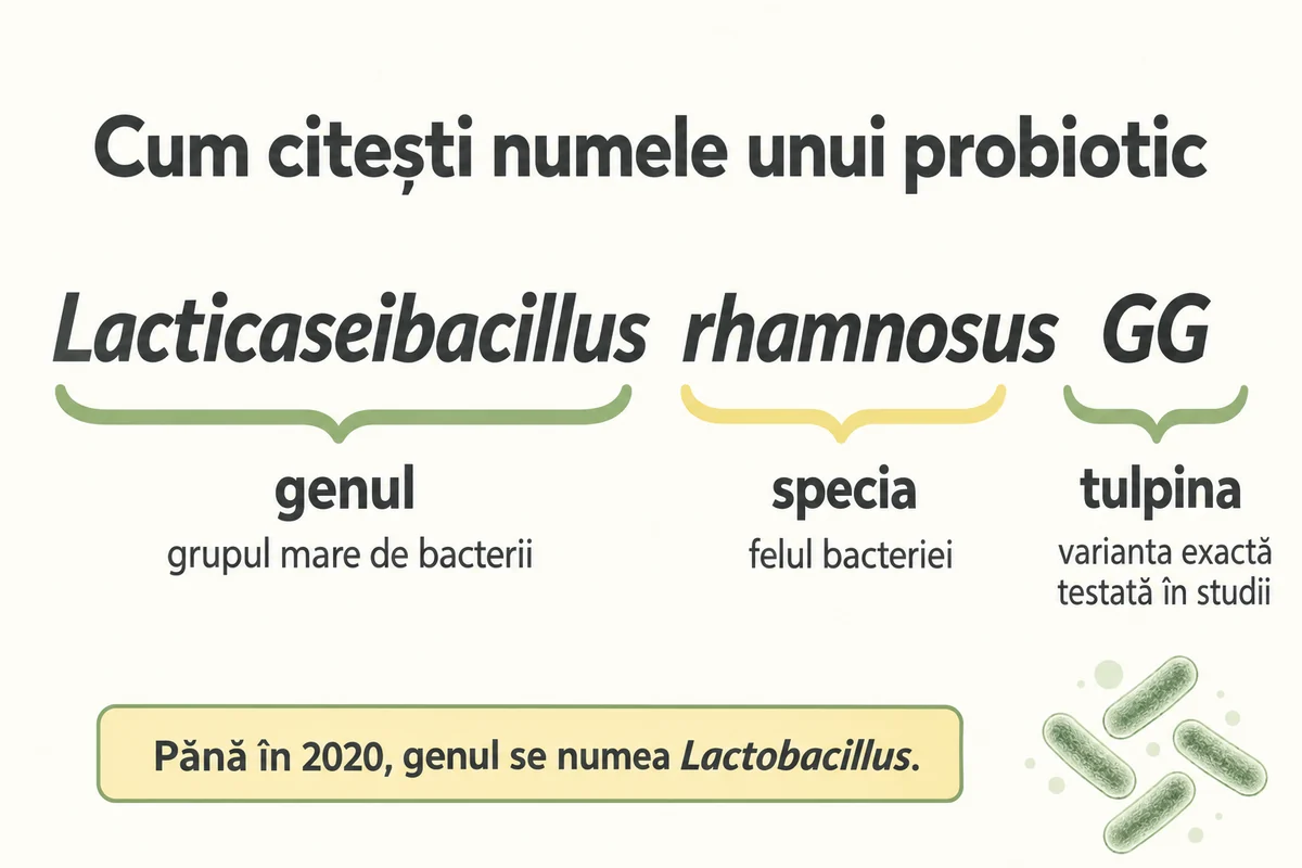 Schemă: Lacticaseibacillus rhamnosus GG împărțit în gen, specie și tulpină, cu nota că până în 2020 genul se numea Lactobacillus